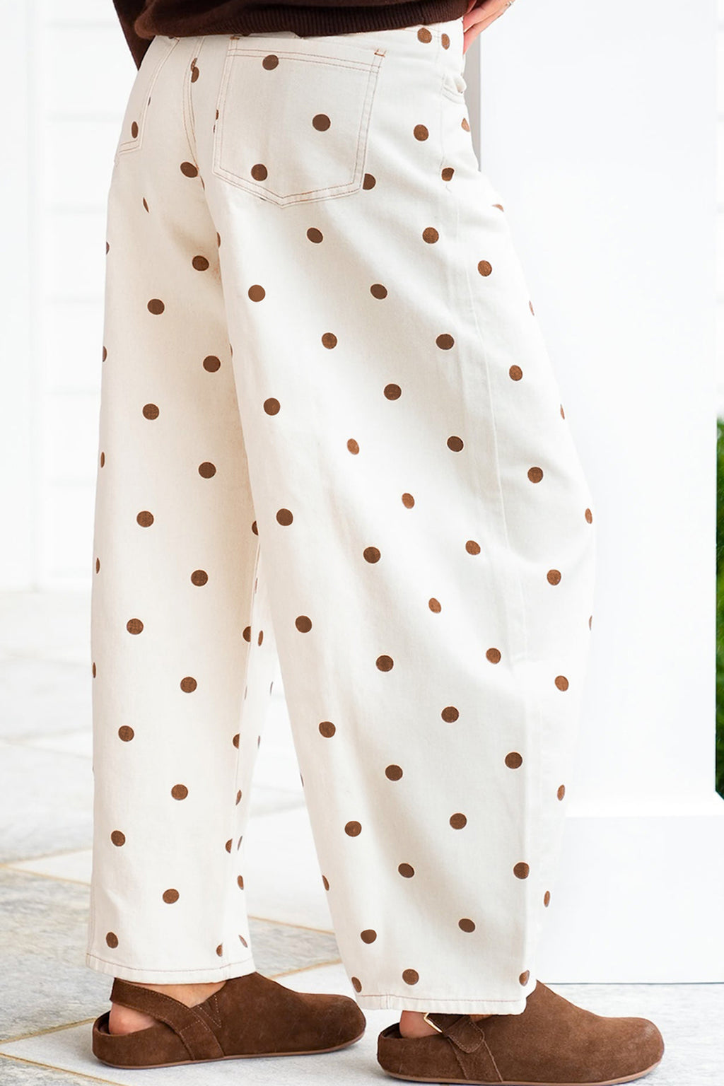 Beige Polka Dot Print Plus Size Barrel Jeans
