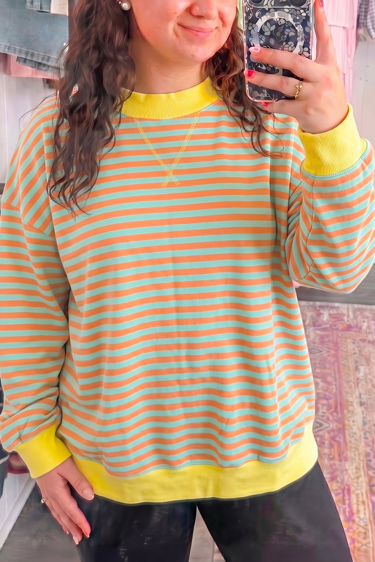 Orange Stripe High Neck Striped Colorblock Tunic Plus Size Sweatshirt