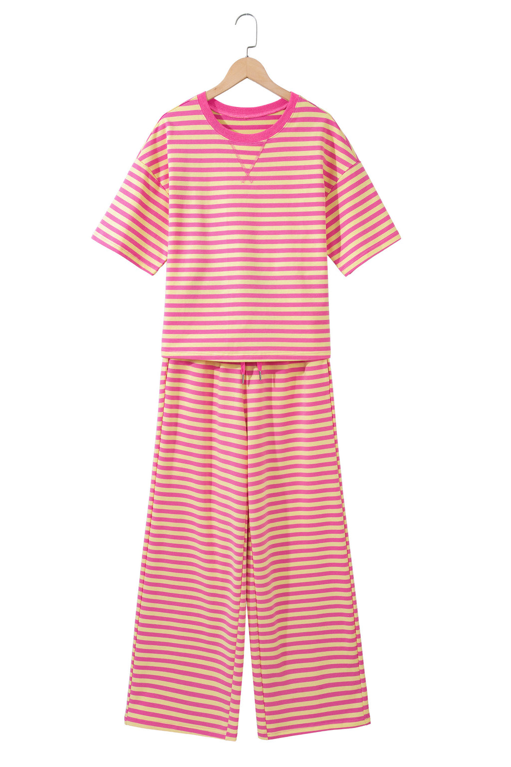 Yellow Stripe Colorblock Trim Crew Neck Loose Tee Drawstring Elastic Waist 2pcs Pant Set