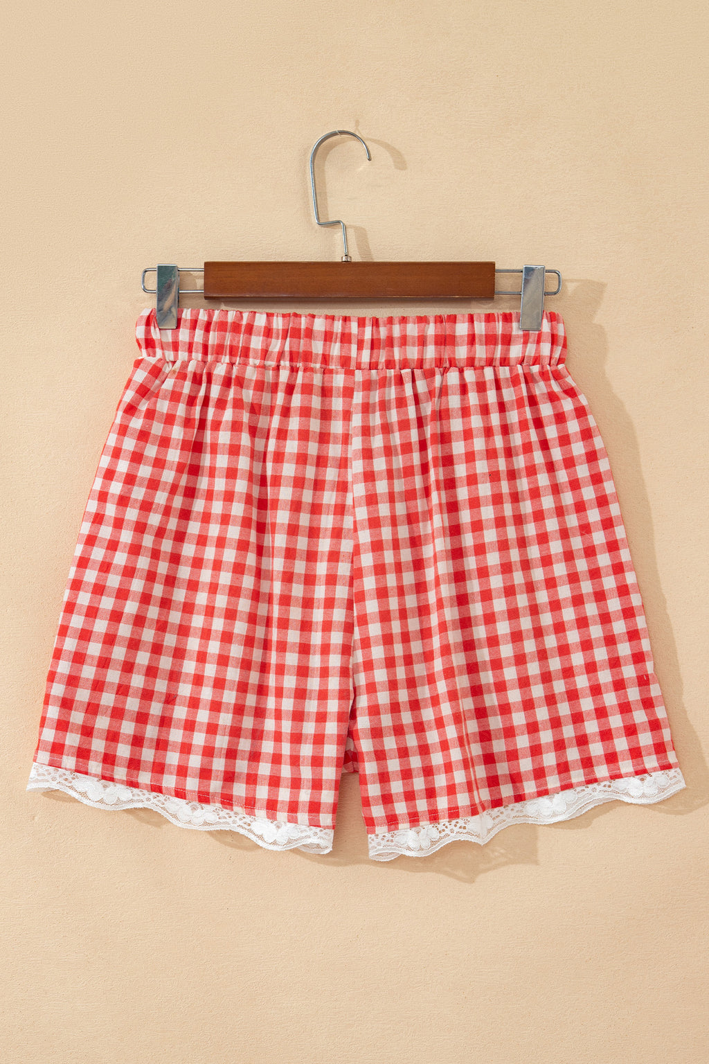 Red Gingham Plaid Tie Elastic Waist Lace Patchwork Hem Casual Shorts