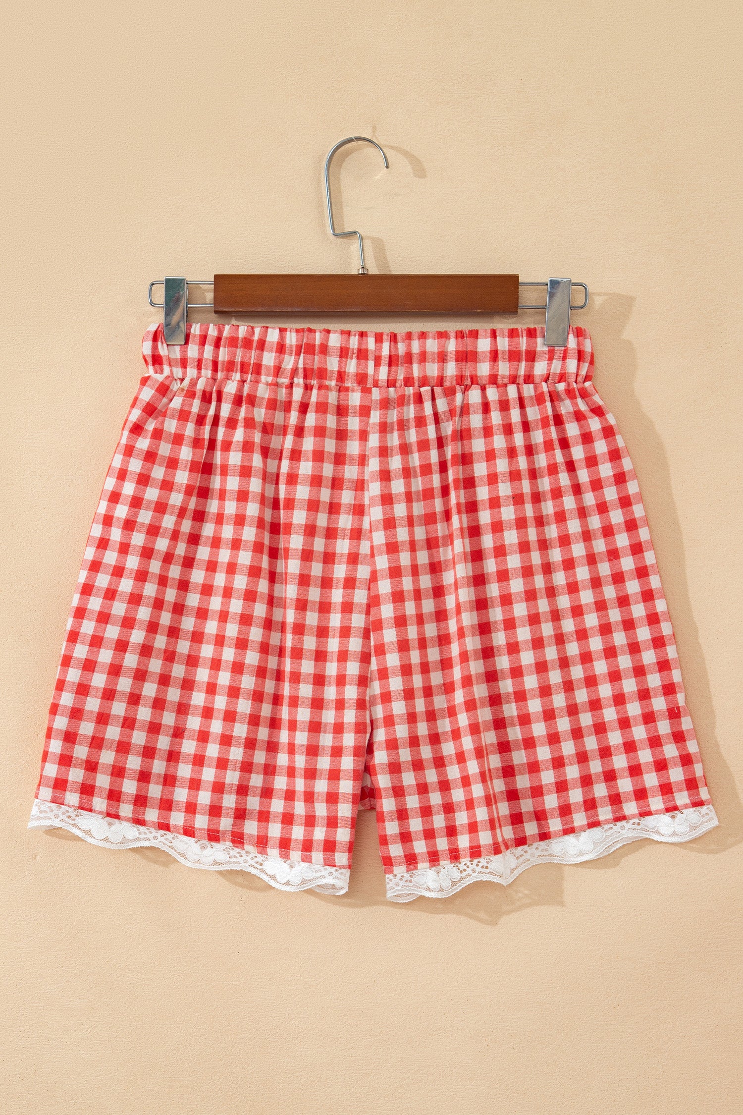 Red Gingham Plaid Tie Elastic Waist Lace Patchwork Hem Casual Shorts