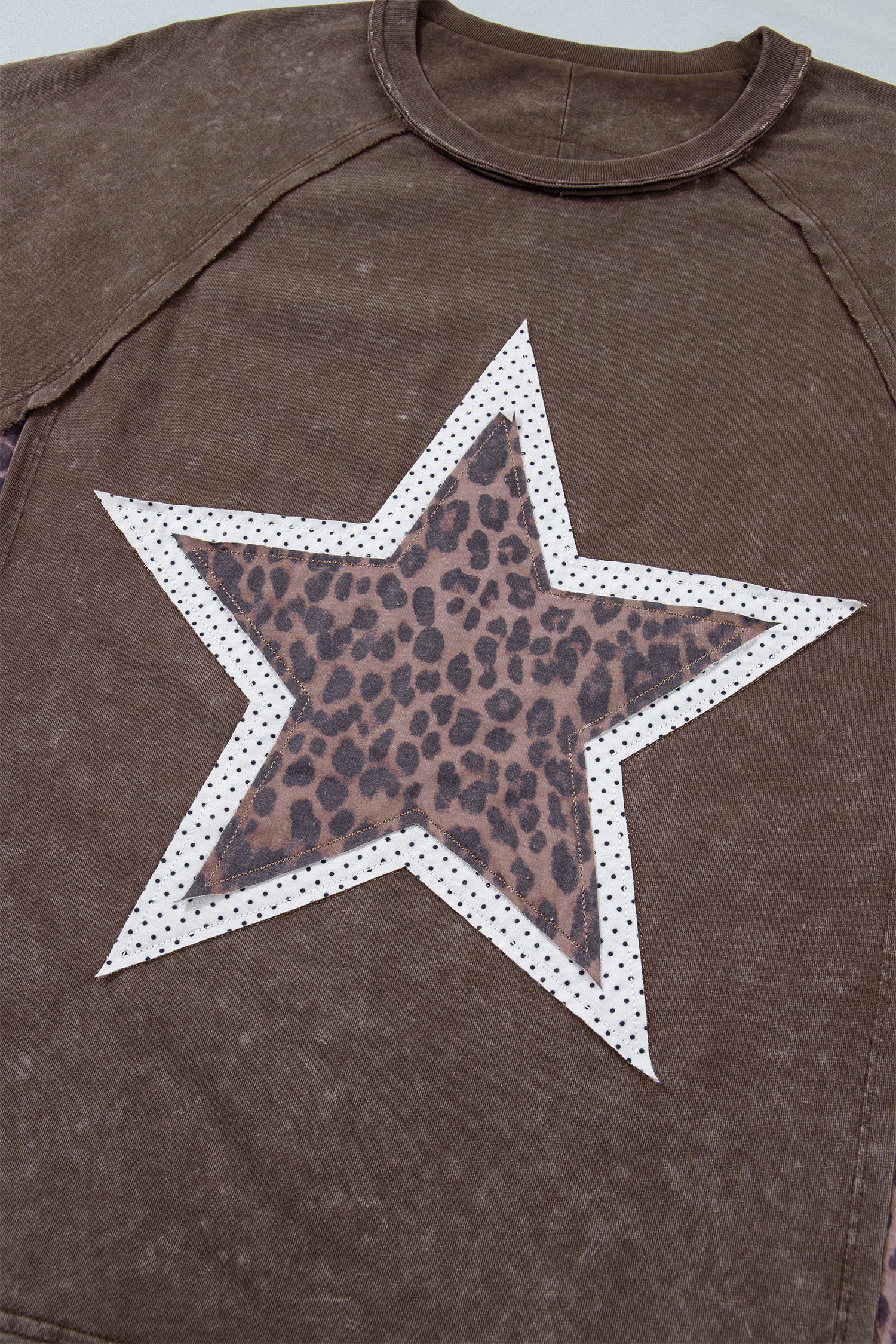 Coffee Mineral Wash Exposed Seam Leopard Star Patched T Shirt