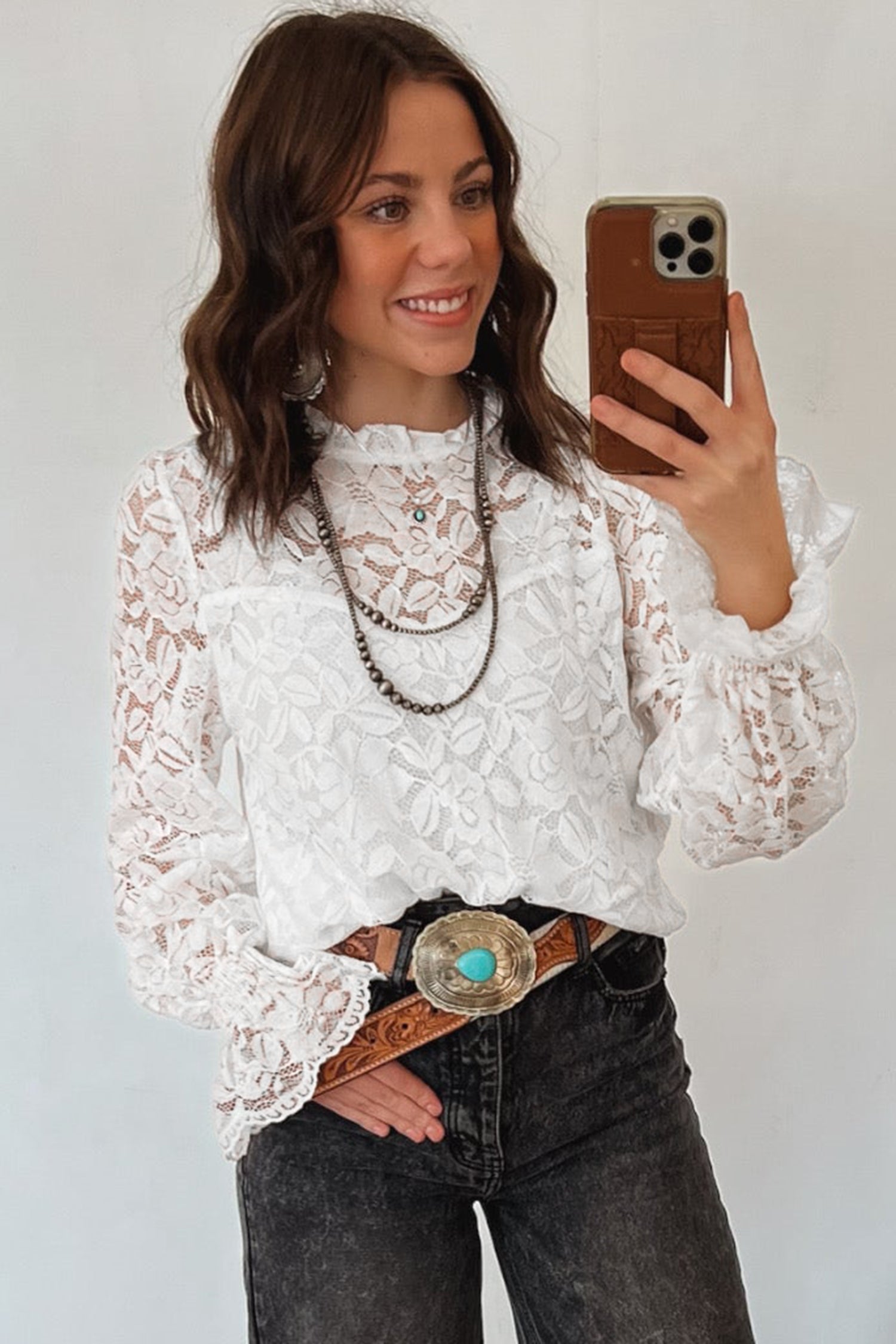 White Ruffled Round Neck Long Flounce Sleeve Sheer Lace Blouse