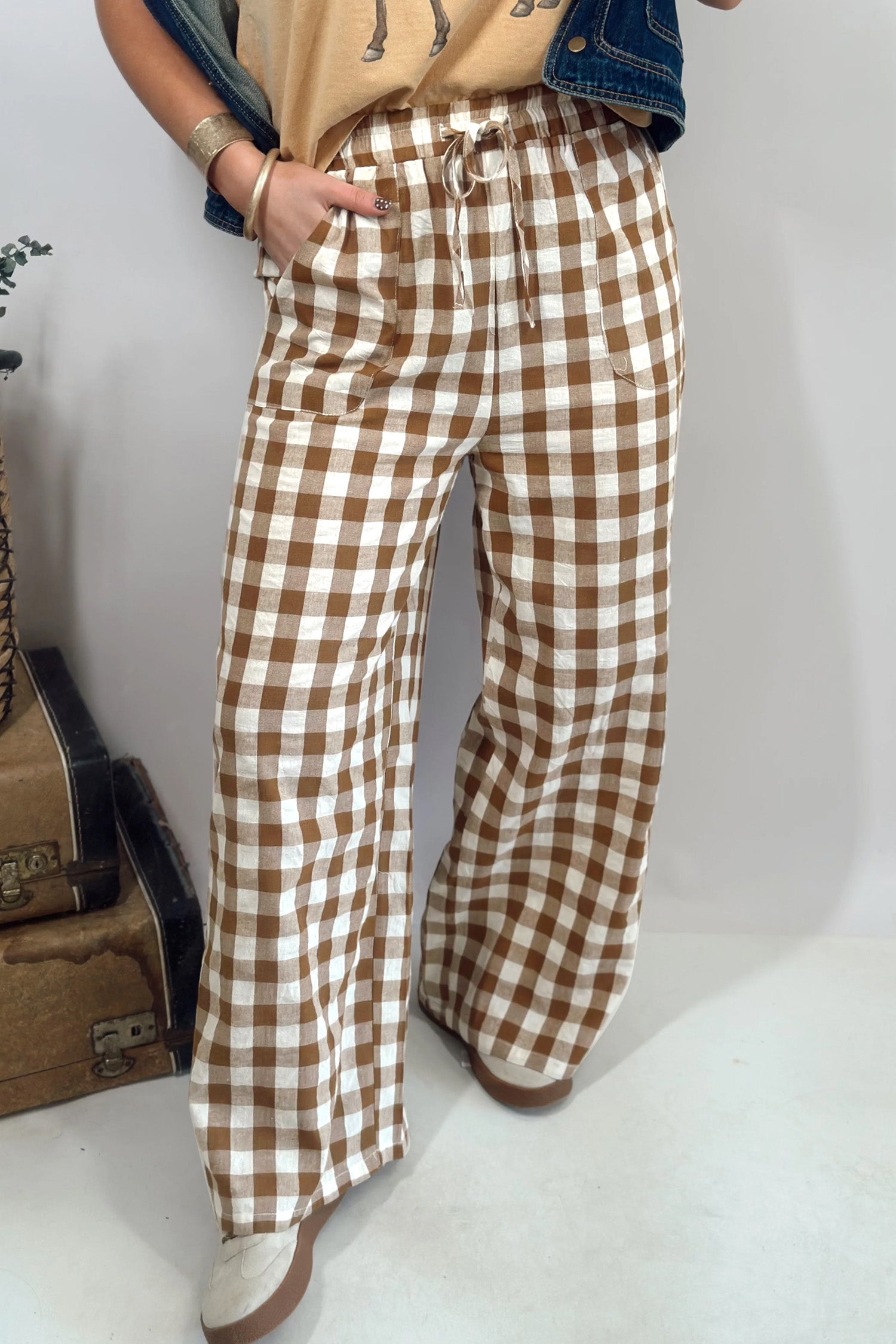 Brown Gingham Plaid Tie Elastic Waist Shift Pants