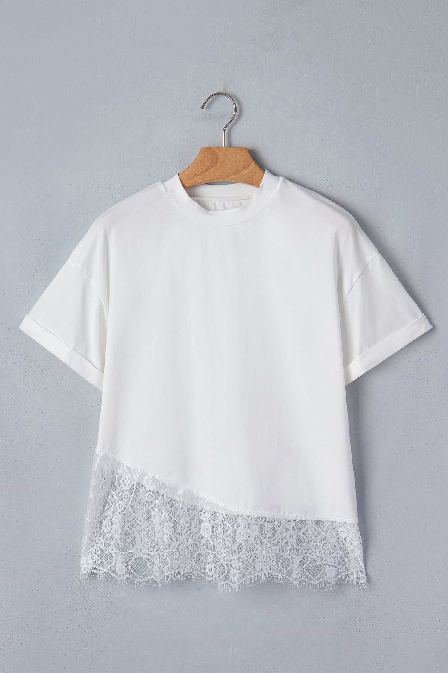 White Asymmetric Lace Hem Patchwork Tee