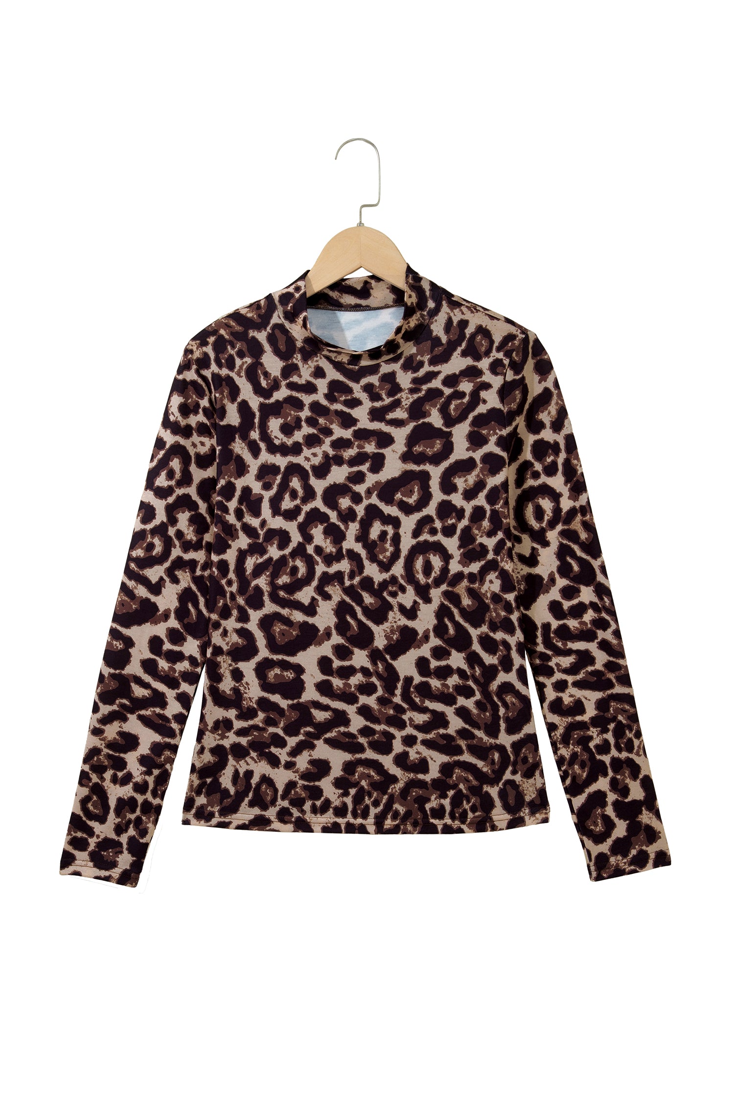 Khaki Leopard High Neck Long Sleeve Western Slim Top