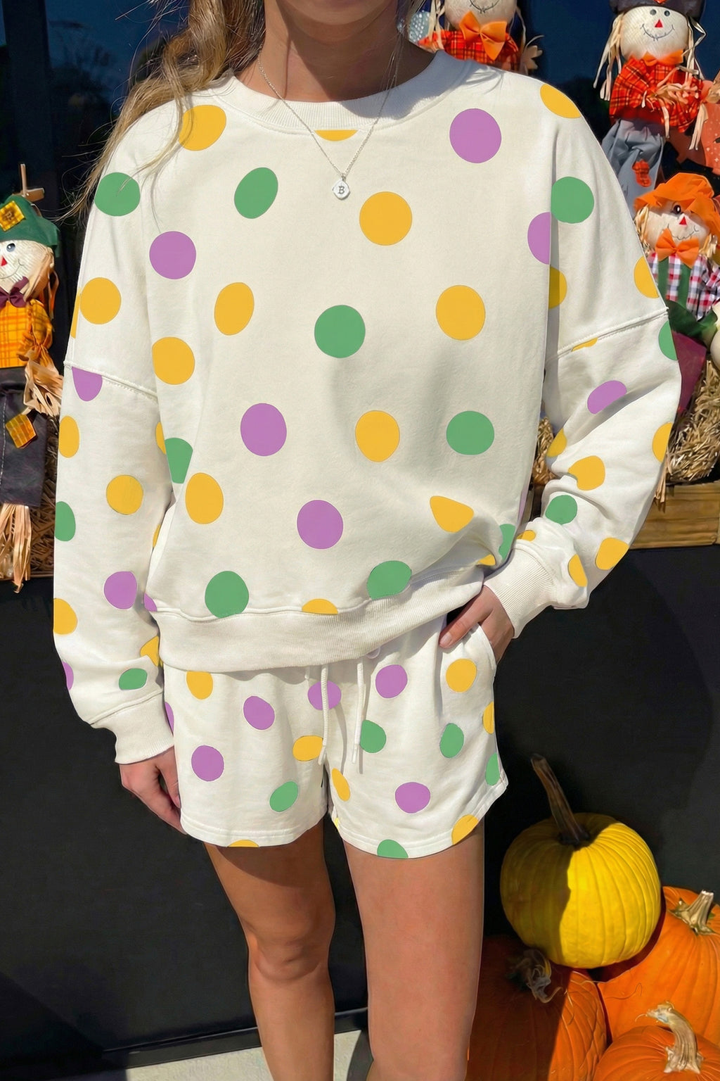 Sky Blue Polka Dot Print Drop Shoulder Pullover Drawstring Shorts Set