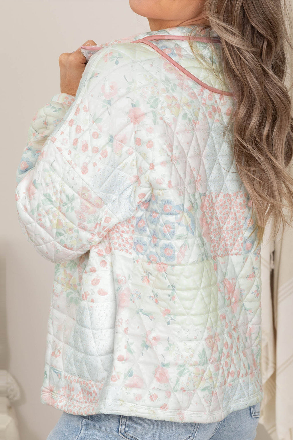 Multicolour Floral Quilted Metal Zipper Collar Long Sleeve Sweatshirt