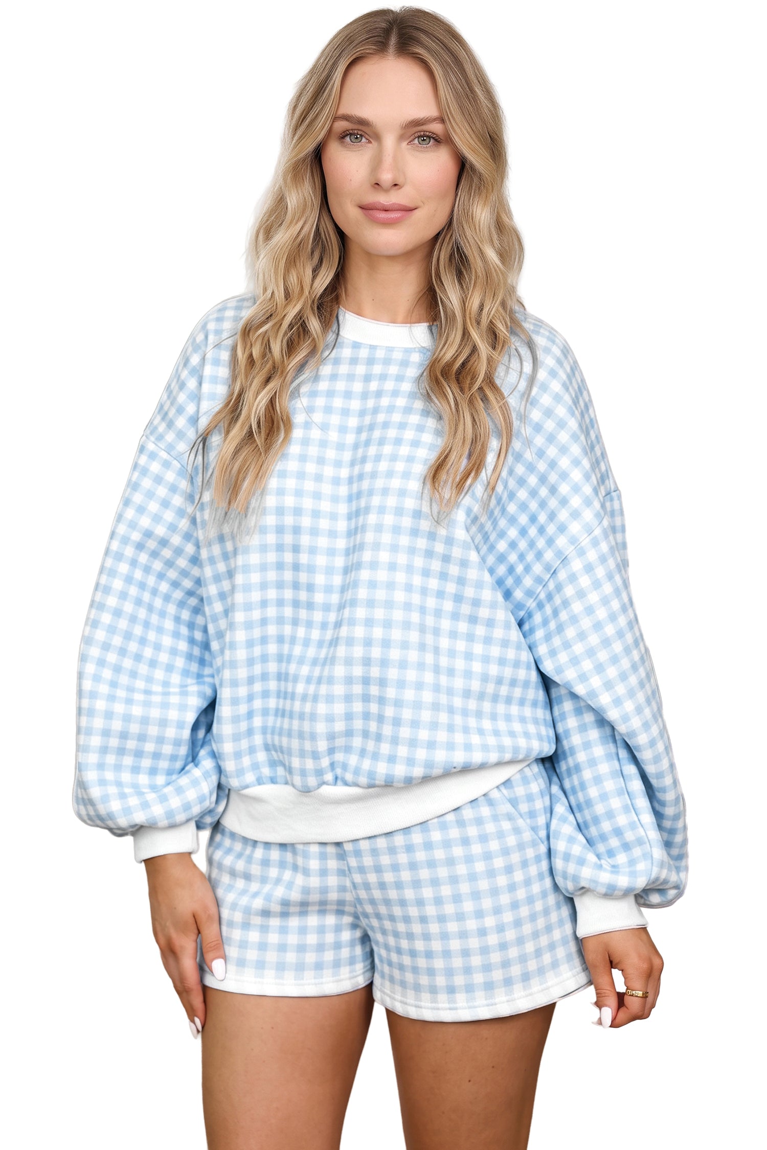 Yellow Plaid Baggy Pullover Drawstring Casual Shorts 2pcs Outfit