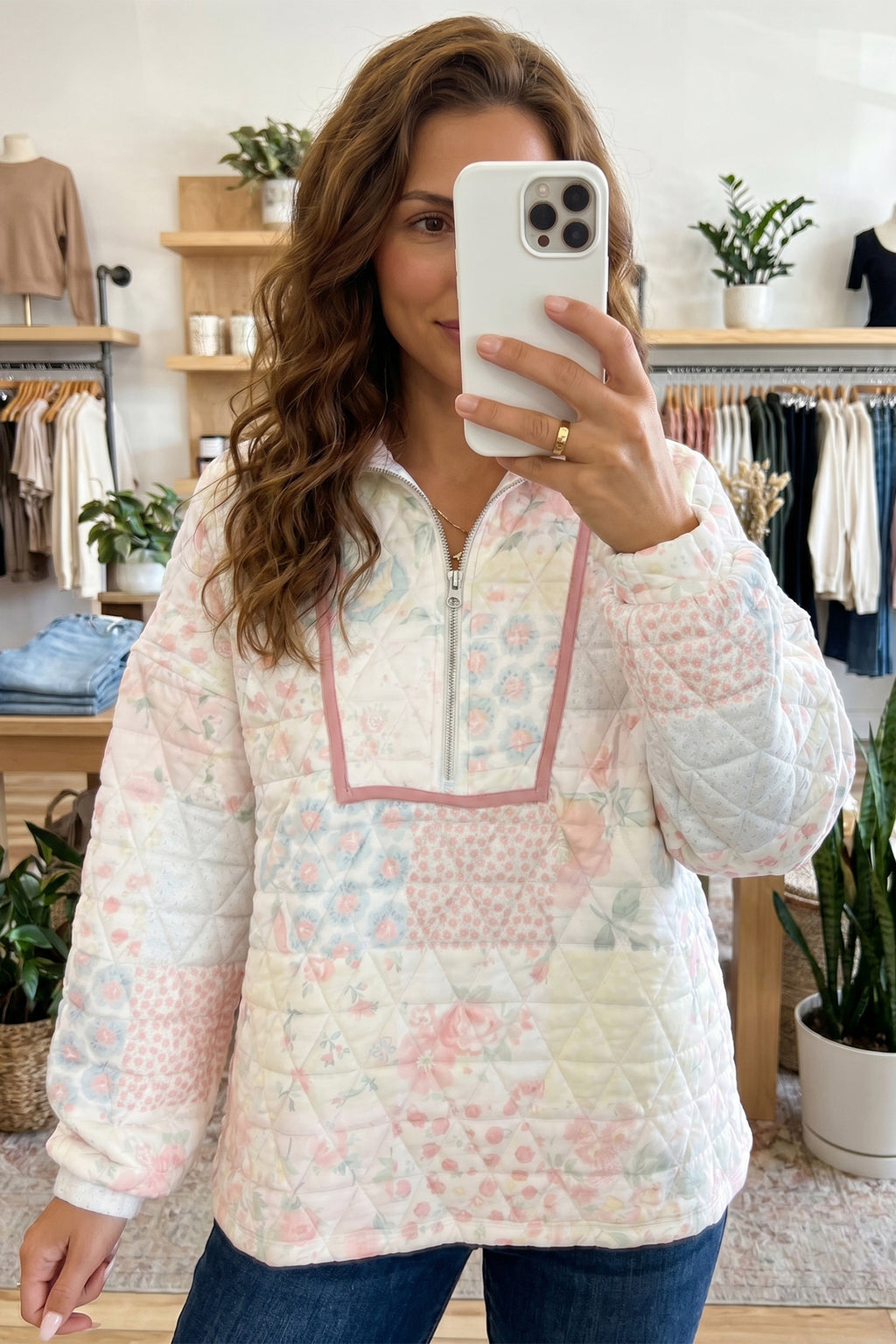 Multicolour Floral Quilted Metal Zipper Collar Long Sleeve Sweatshirt