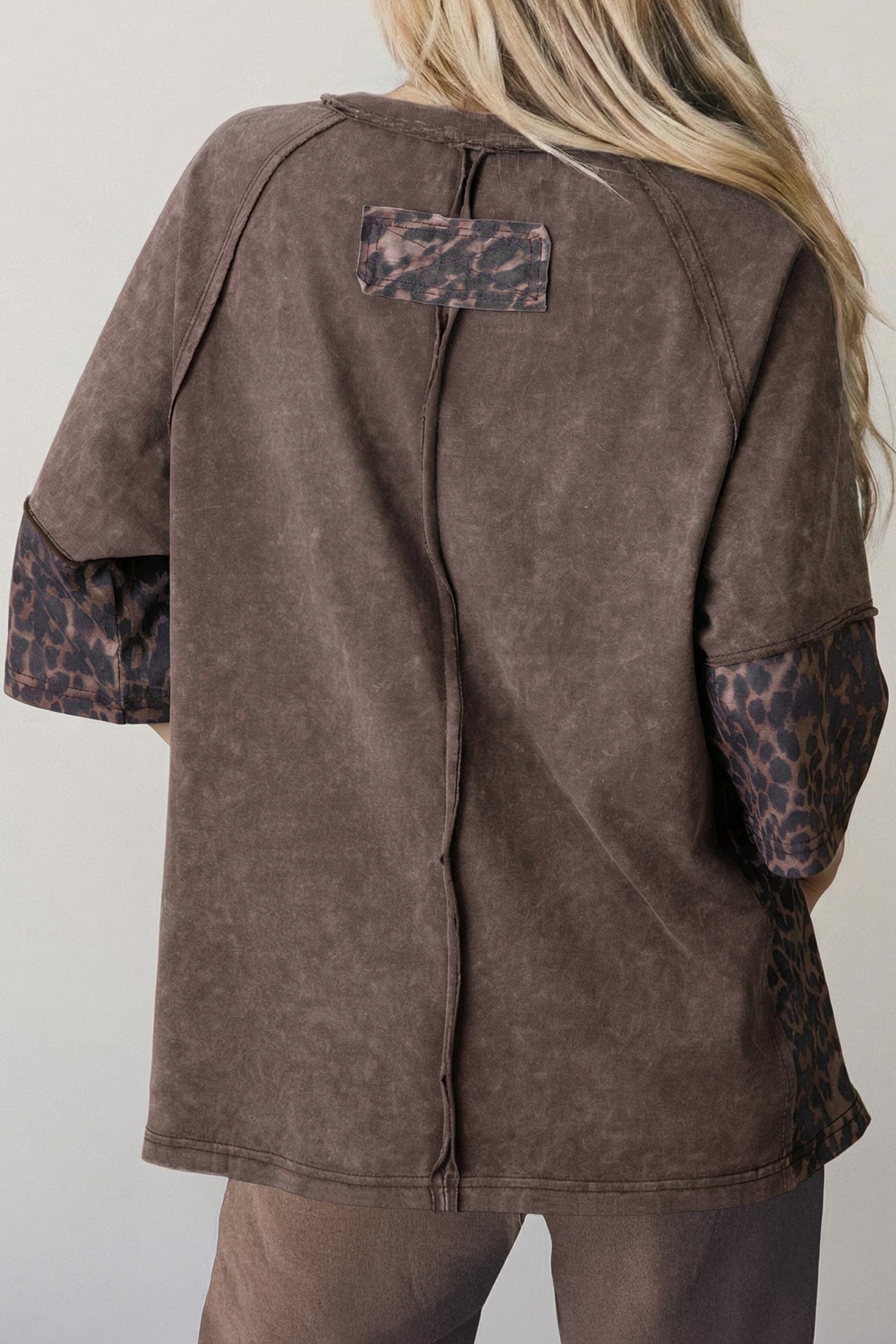 Coffee Mineral Wash Exposed Seam Leopard Star Patched T Shirt