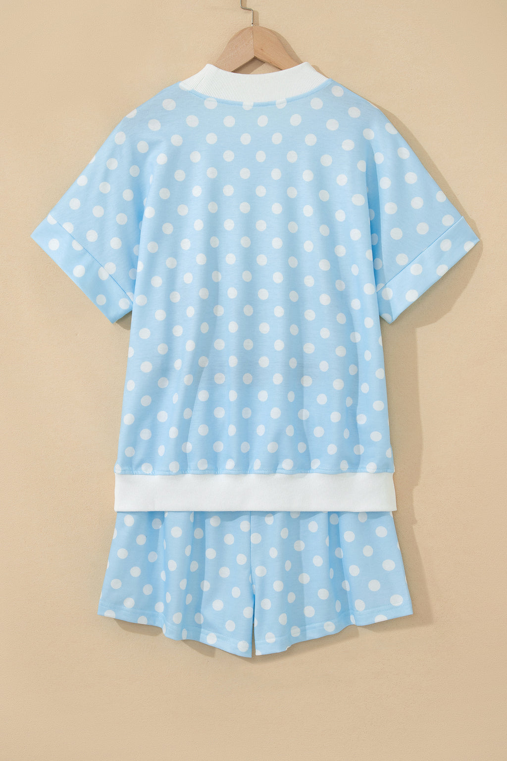 Yellow Polka Dot Print Color Block Trim Mock Neck Short Set