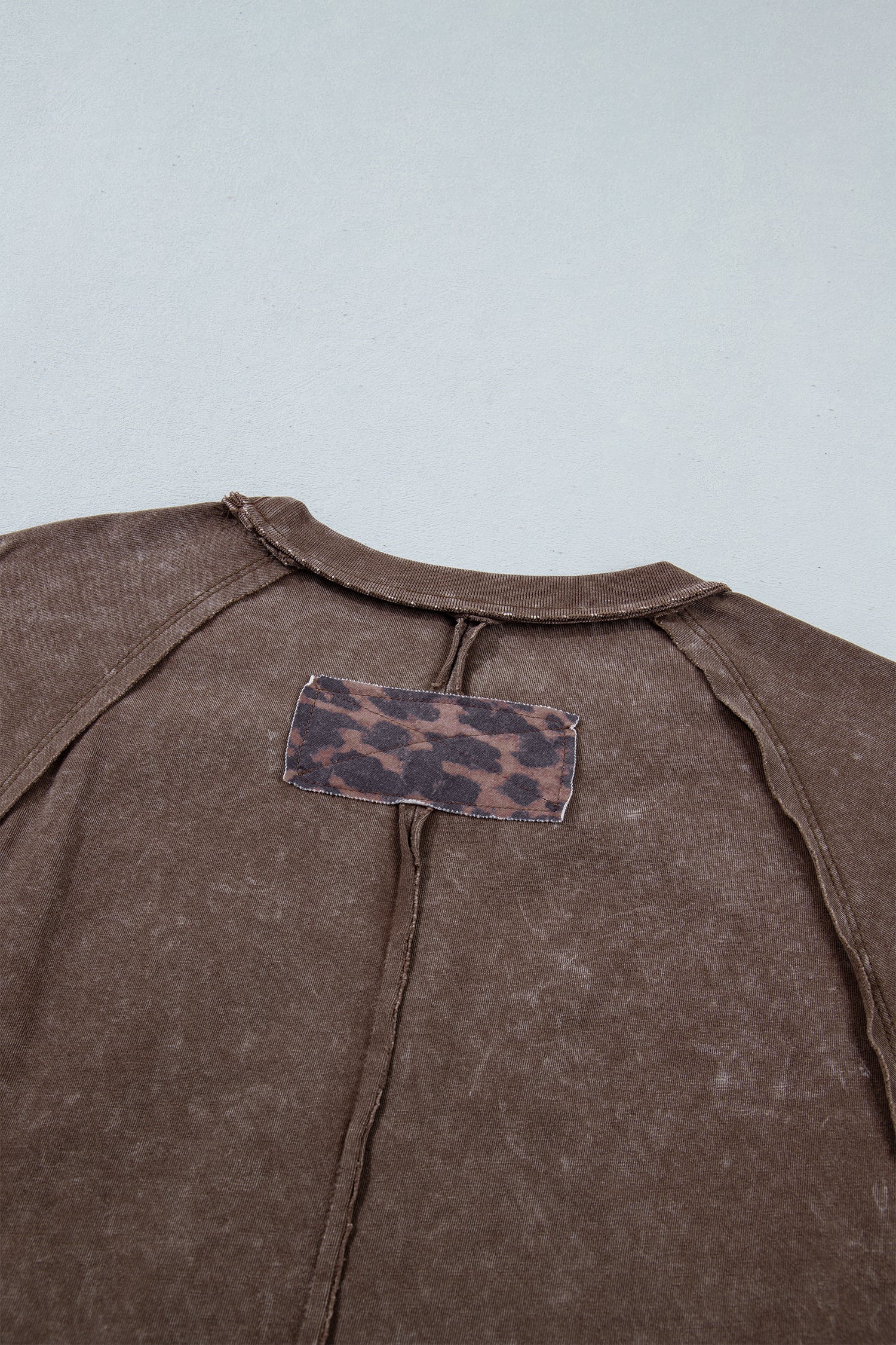 Coffee Mineral Wash Exposed Seam Leopard Star Patched T Shirt