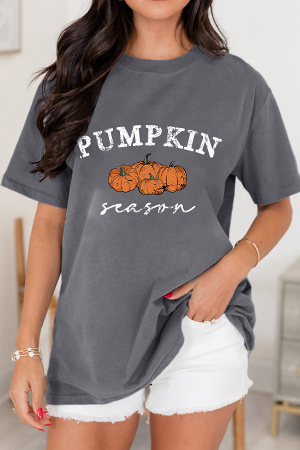 Gray Pumpkin Season Graphic Round Neck Short Sleeve T-Shirt