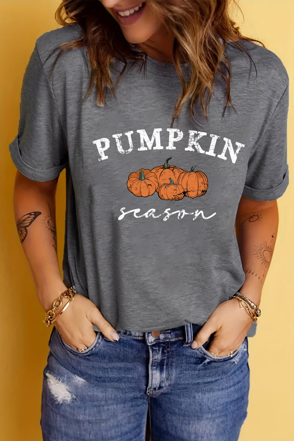 Gray Pumpkin Season Graphic Round Neck Short Sleeve T-Shirt