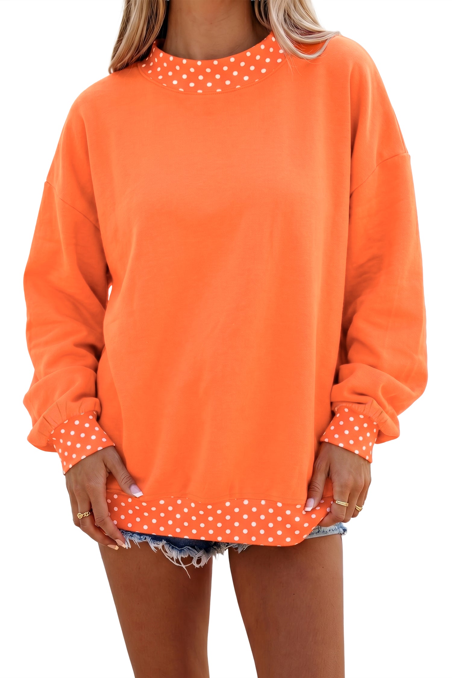 Orange Colorblock Polka Dot Contrast Trim Oversized Sweatshirt