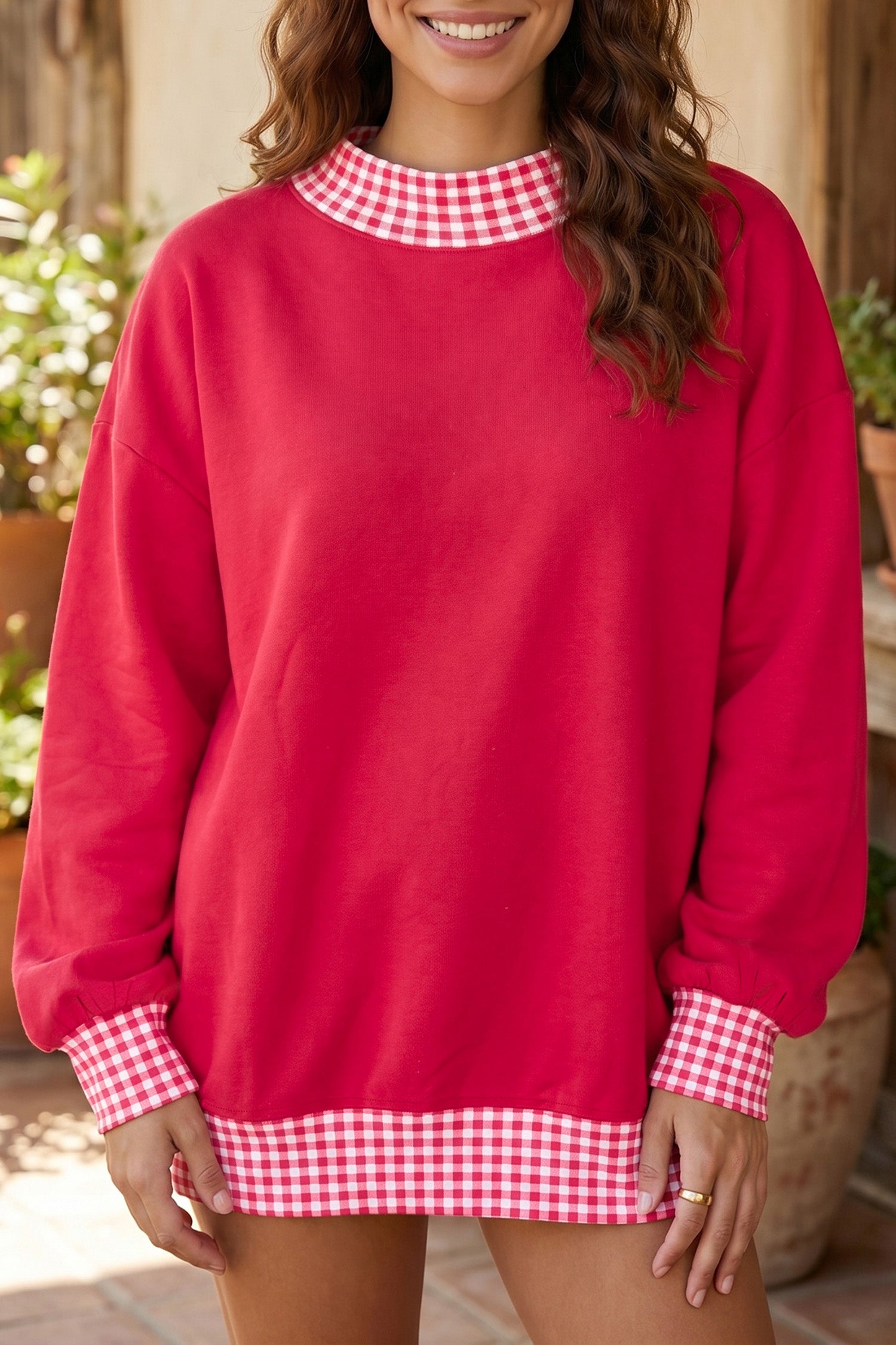 Fiery Red Colorblock Polka Dot Contrast Trim Oversized Sweatshirt