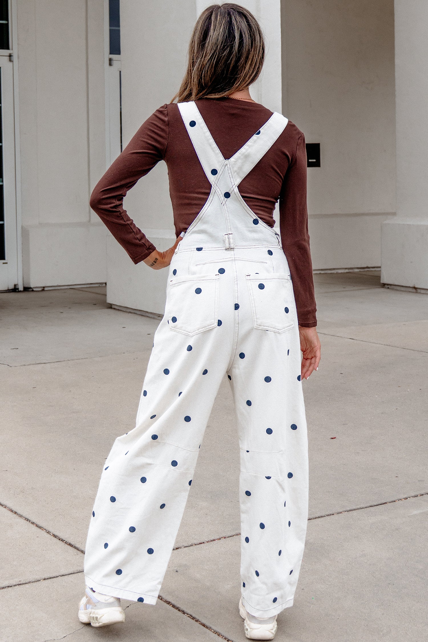 Jet Stream Polka Dot Print Bib Pocket Denim Barrel Overalls Jumpsuit