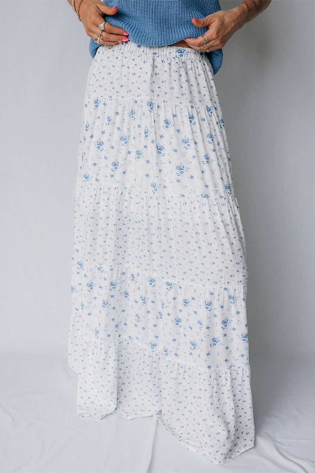 Sky Blue High Waist Tiny Floral Print Boho Maxi Skirt