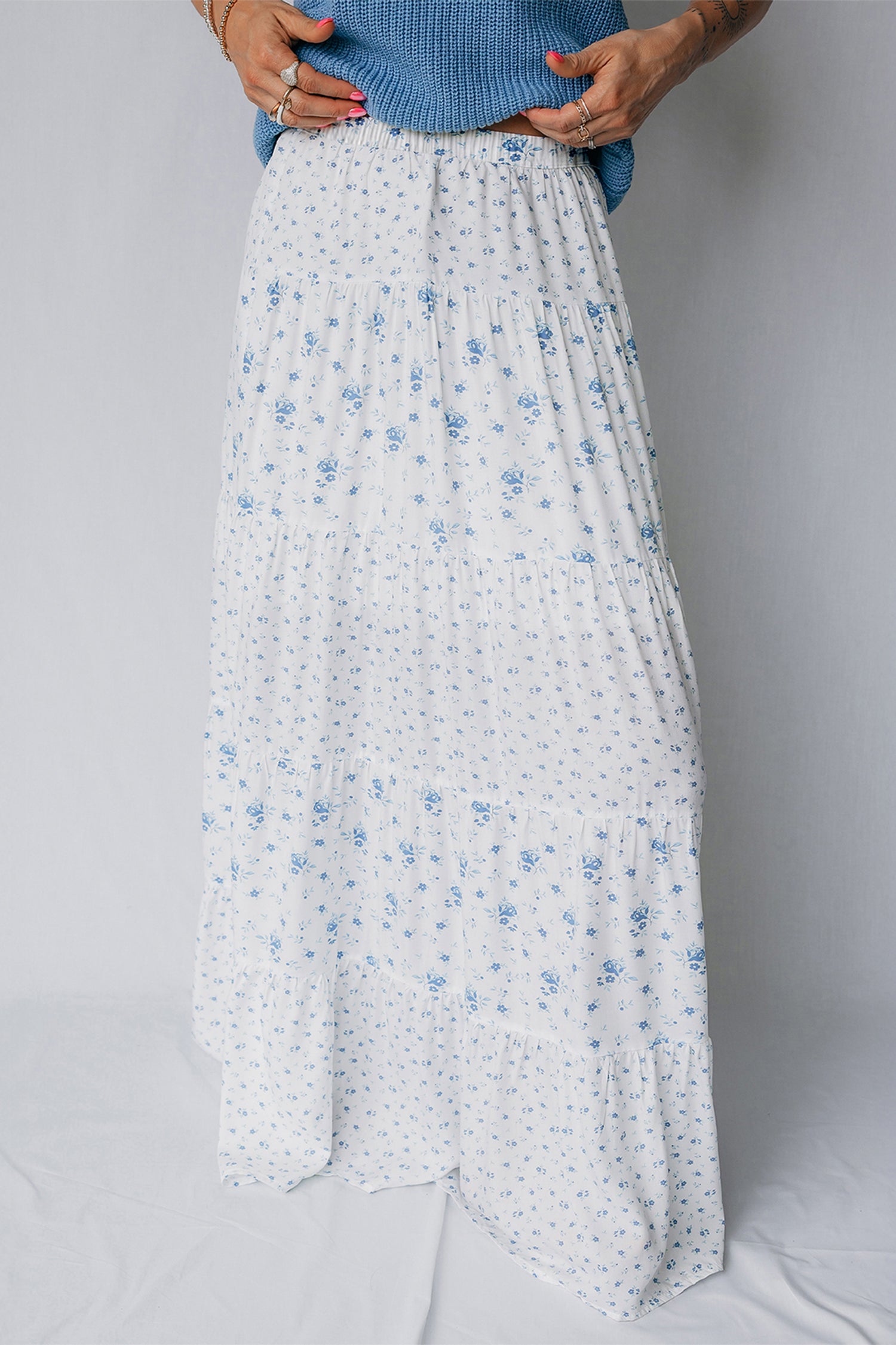 Sky Blue High Waist Tiny Floral Print Boho Maxi Skirt