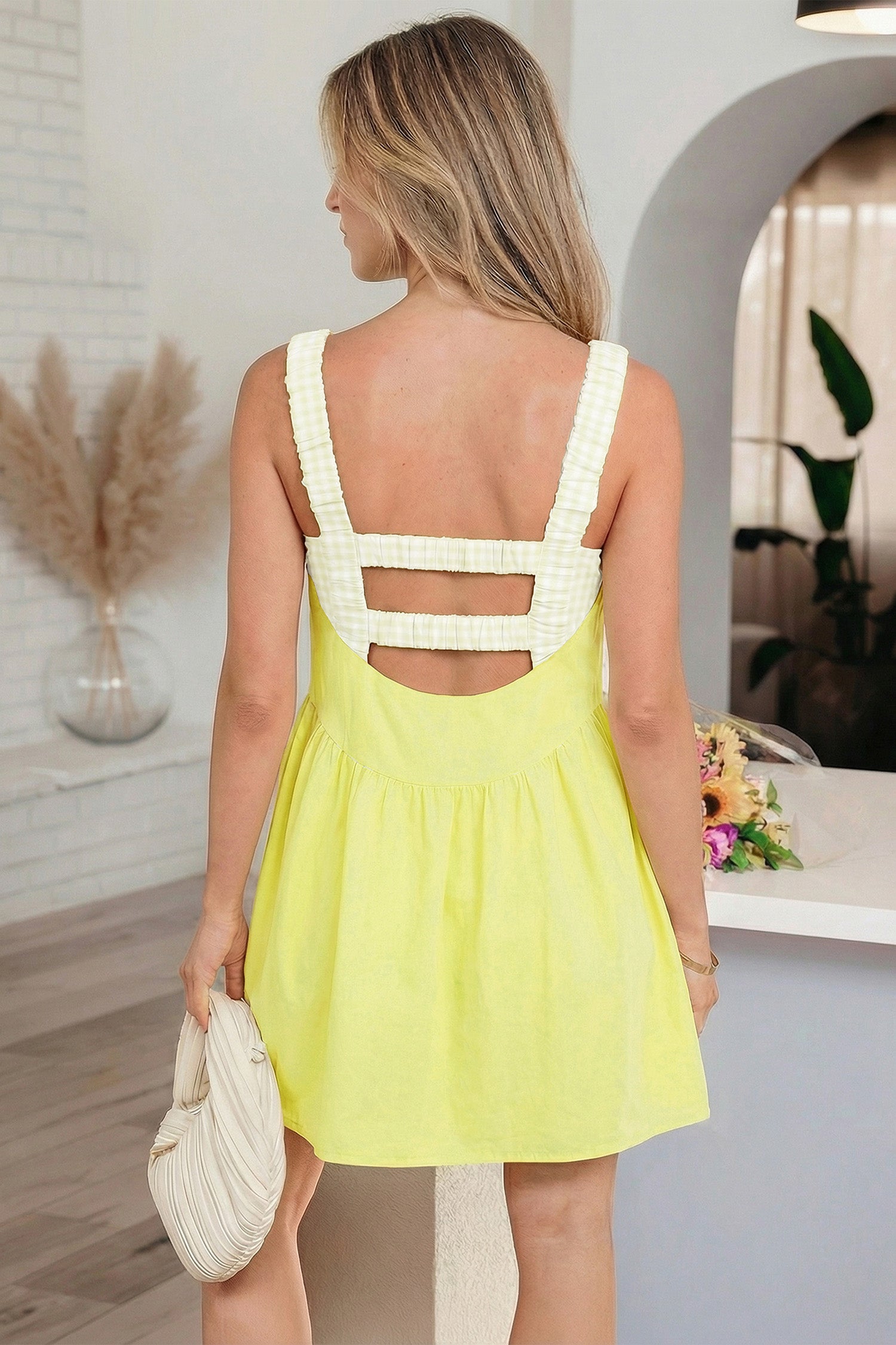 Yellow Cream Faux Two Piece Gingham Contrast Patchwork Loose Mini Dress