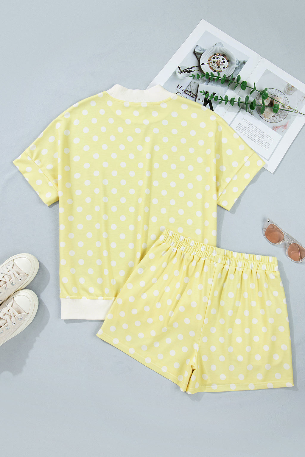 Yellow Polka Dot Print Color Block Trim Mock Neck Short Set
