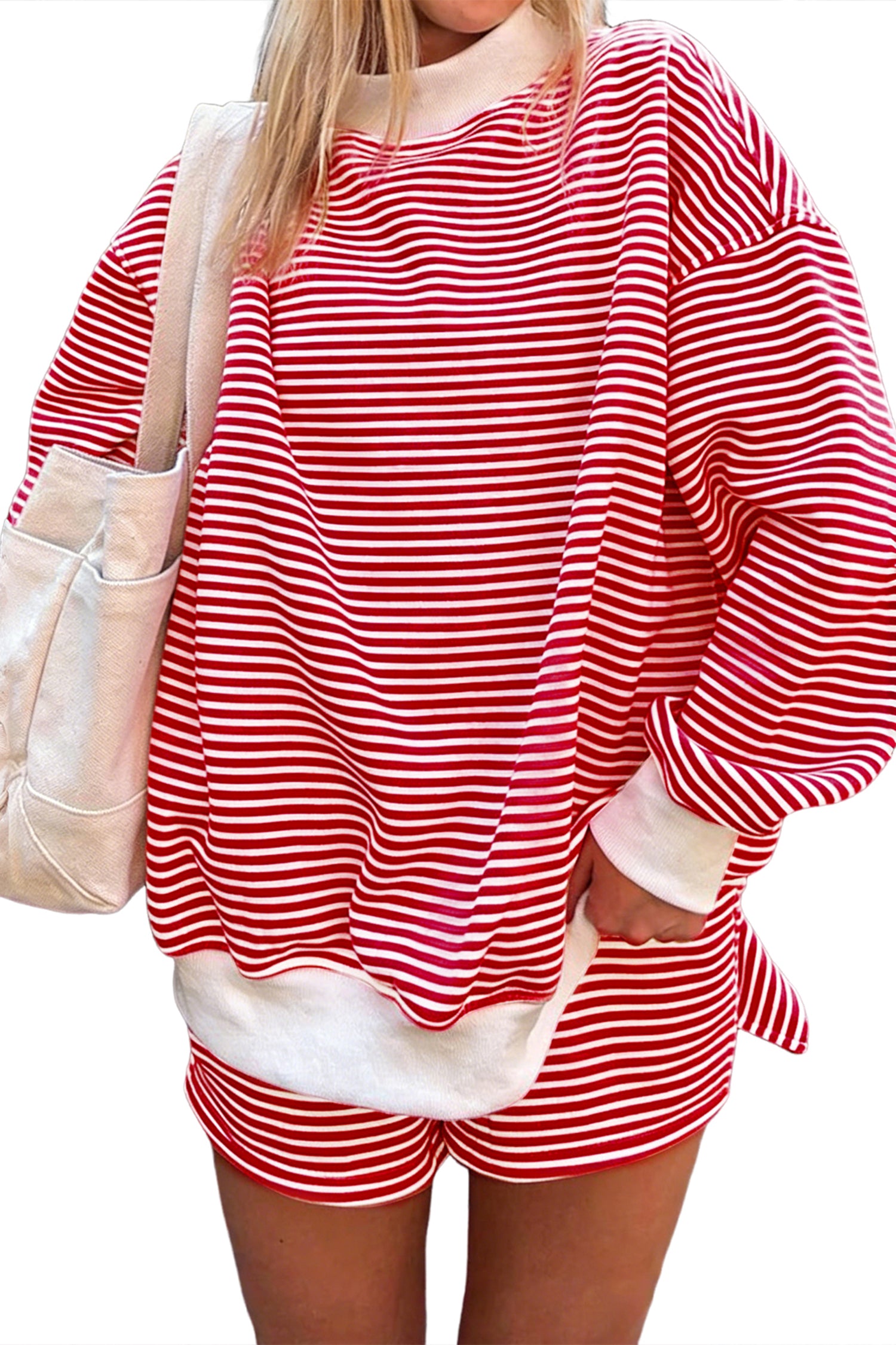 Red Stripe Oversize Mock Neck Sweatshirt and Shorts Set
