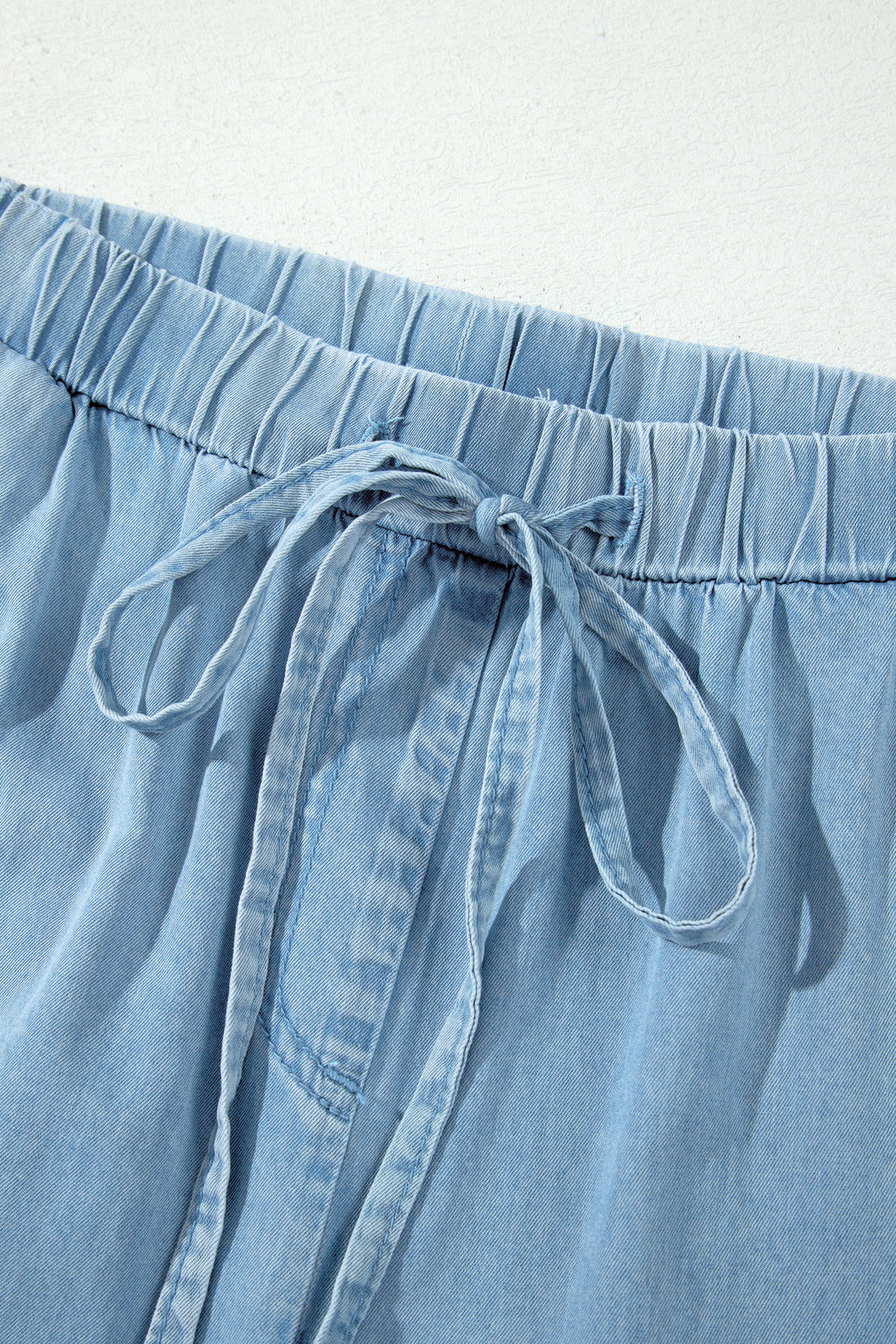 Dusk Blue Ruffled Hem Wide Leg Chambray Pants