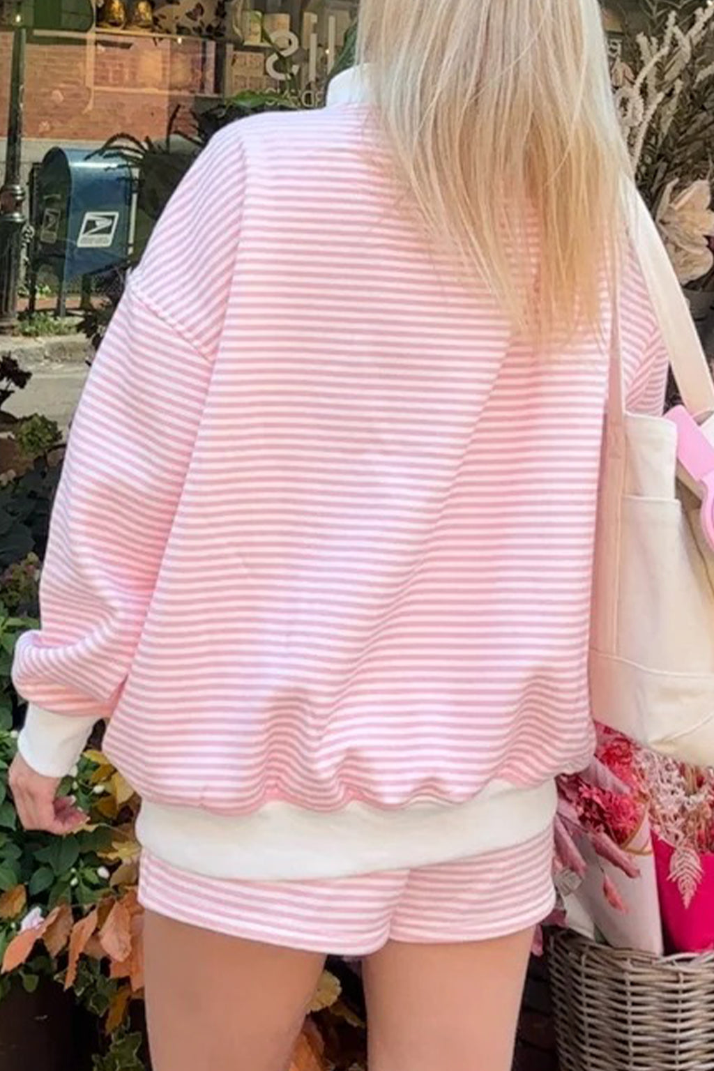Pink Stripe1 Oversize Mock Neck Sweatshirt and Shorts Set