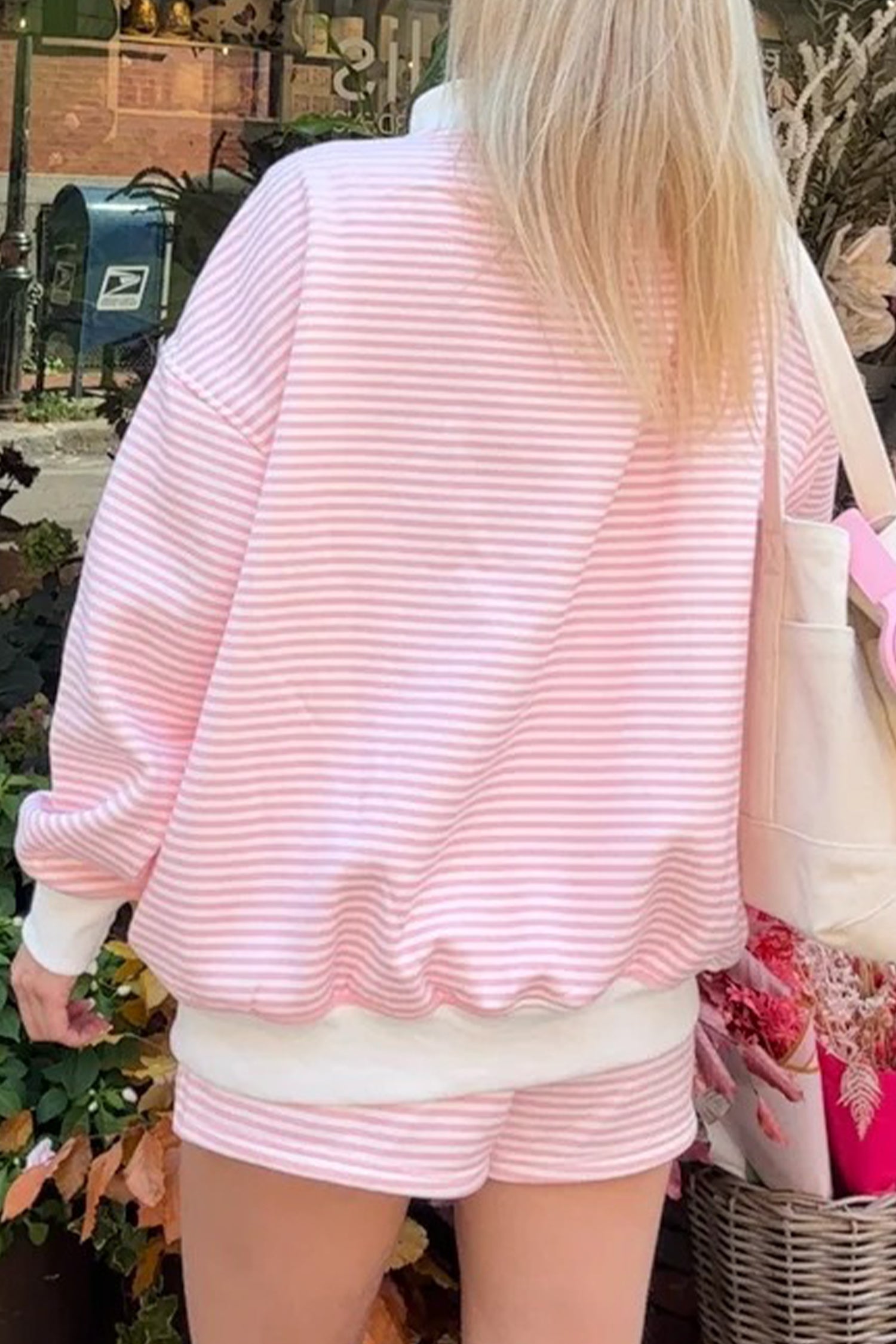 Pink Stripe1 Oversize Mock Neck Sweatshirt and Shorts Set