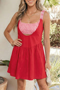Racing Red Faux Two Piece Gingham Contrast Patchwork Loose Mini Dress