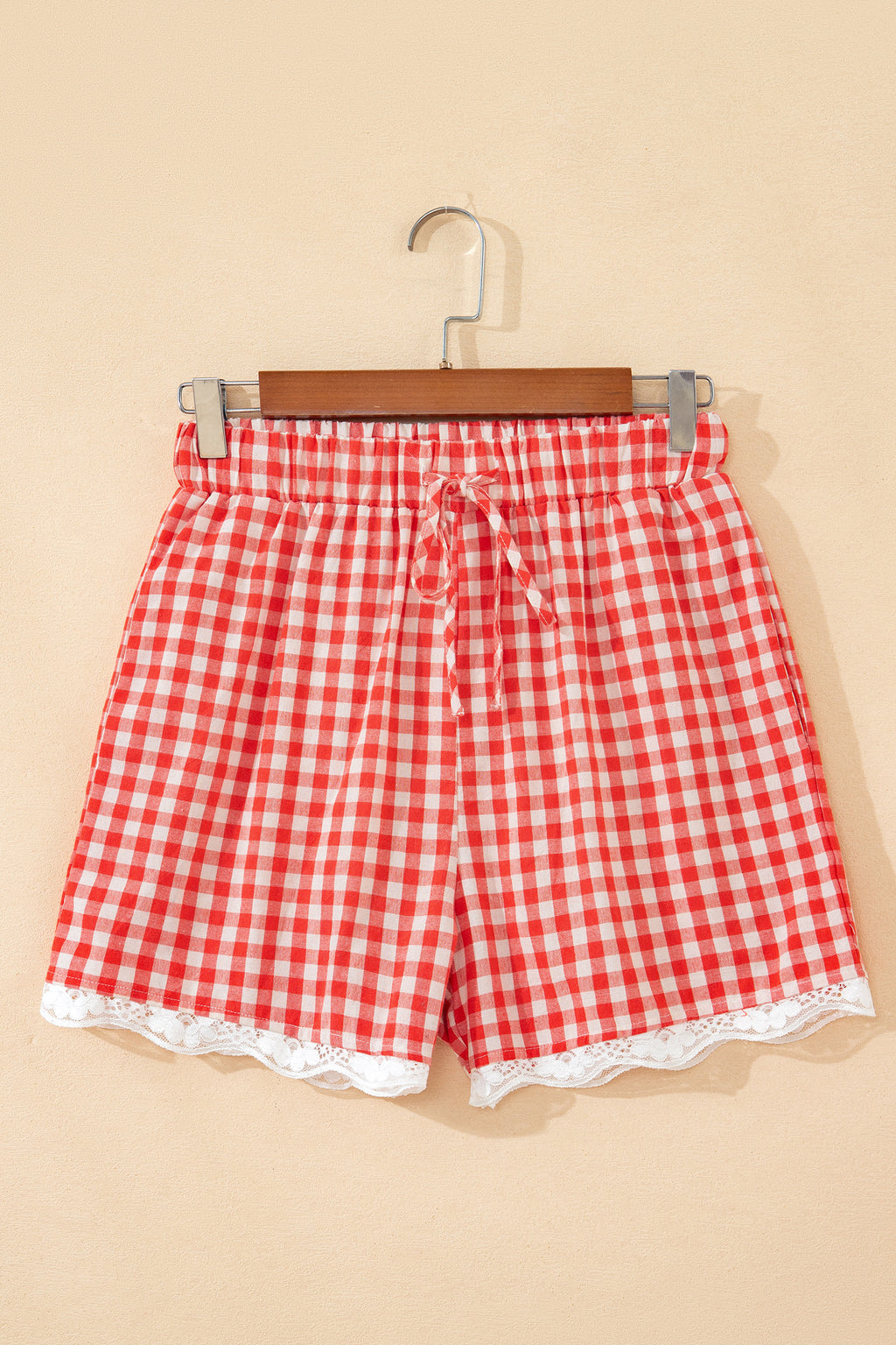Red Gingham Plaid Tie Elastic Waist Lace Patchwork Hem Casual Shorts