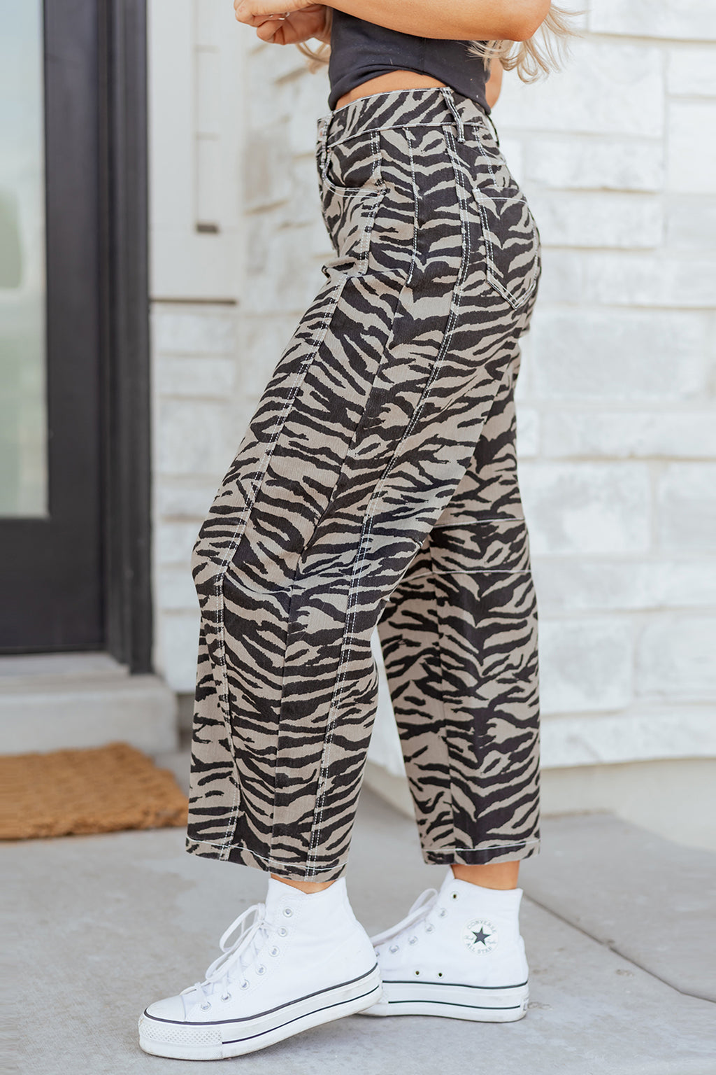 Gray Zebra Stripe Printed Wide Leg Barrel Jeans