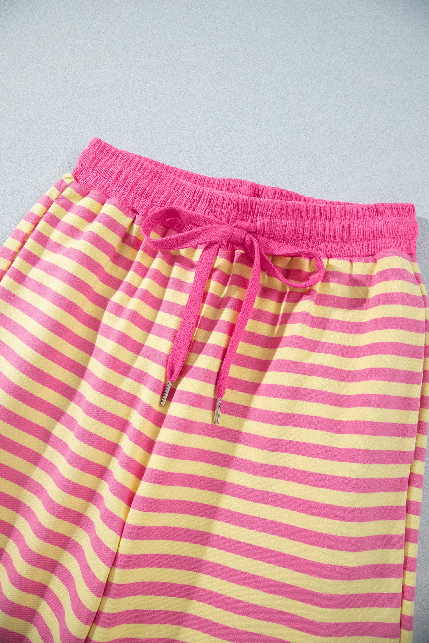 Yellow Stripe Colorblock Trim Crew Neck Loose Tee Drawstring Elastic Waist 2pcs Pant Set