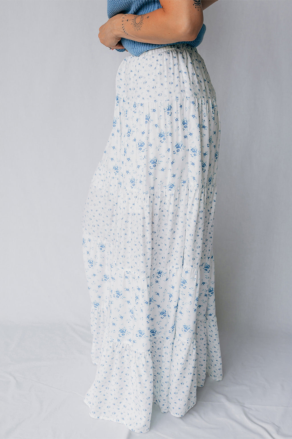 Sky Blue High Waist Tiny Floral Print Boho Maxi Skirt