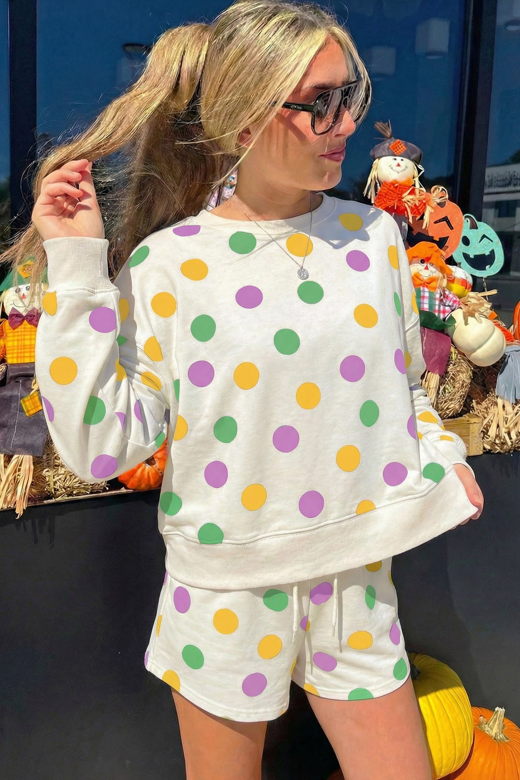 Sky Blue Polka Dot Print Drop Shoulder Pullover Drawstring Shorts Set