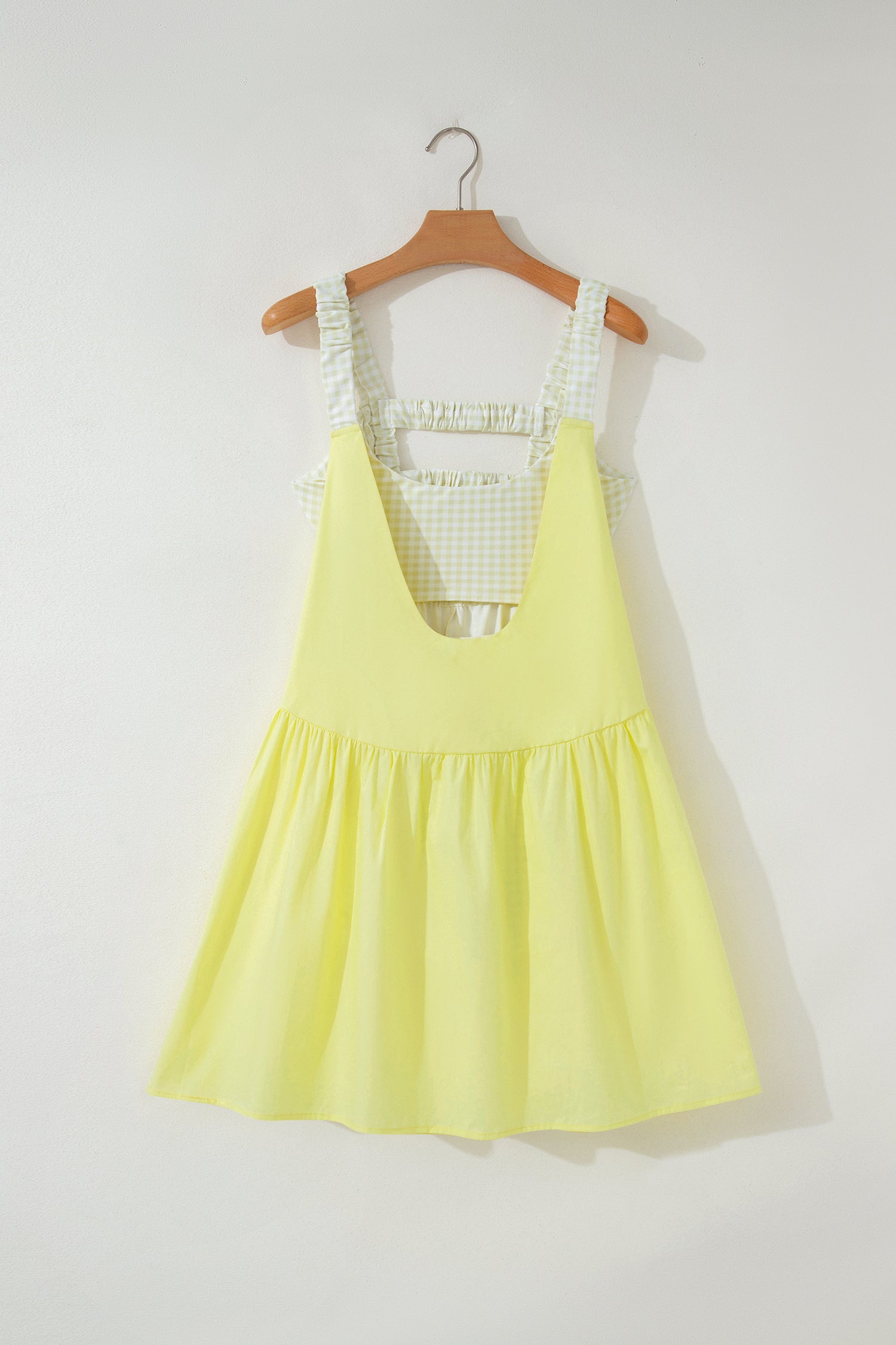Yellow Cream Faux Two Piece Gingham Contrast Patchwork Loose Mini Dress