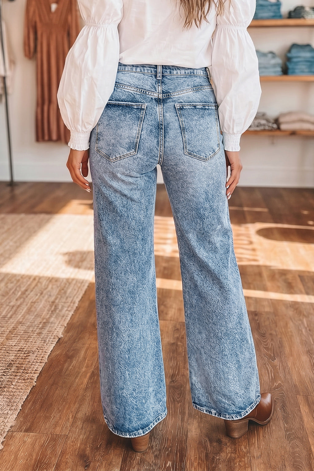 Beau Blue Acid Wash Pocket Detail Flare Jeans