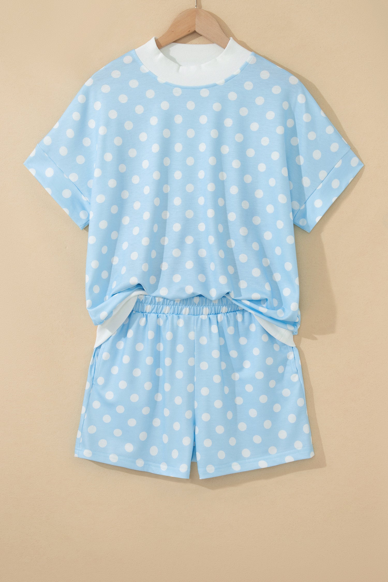 Yellow Polka Dot Print Color Block Trim Mock Neck Short Set