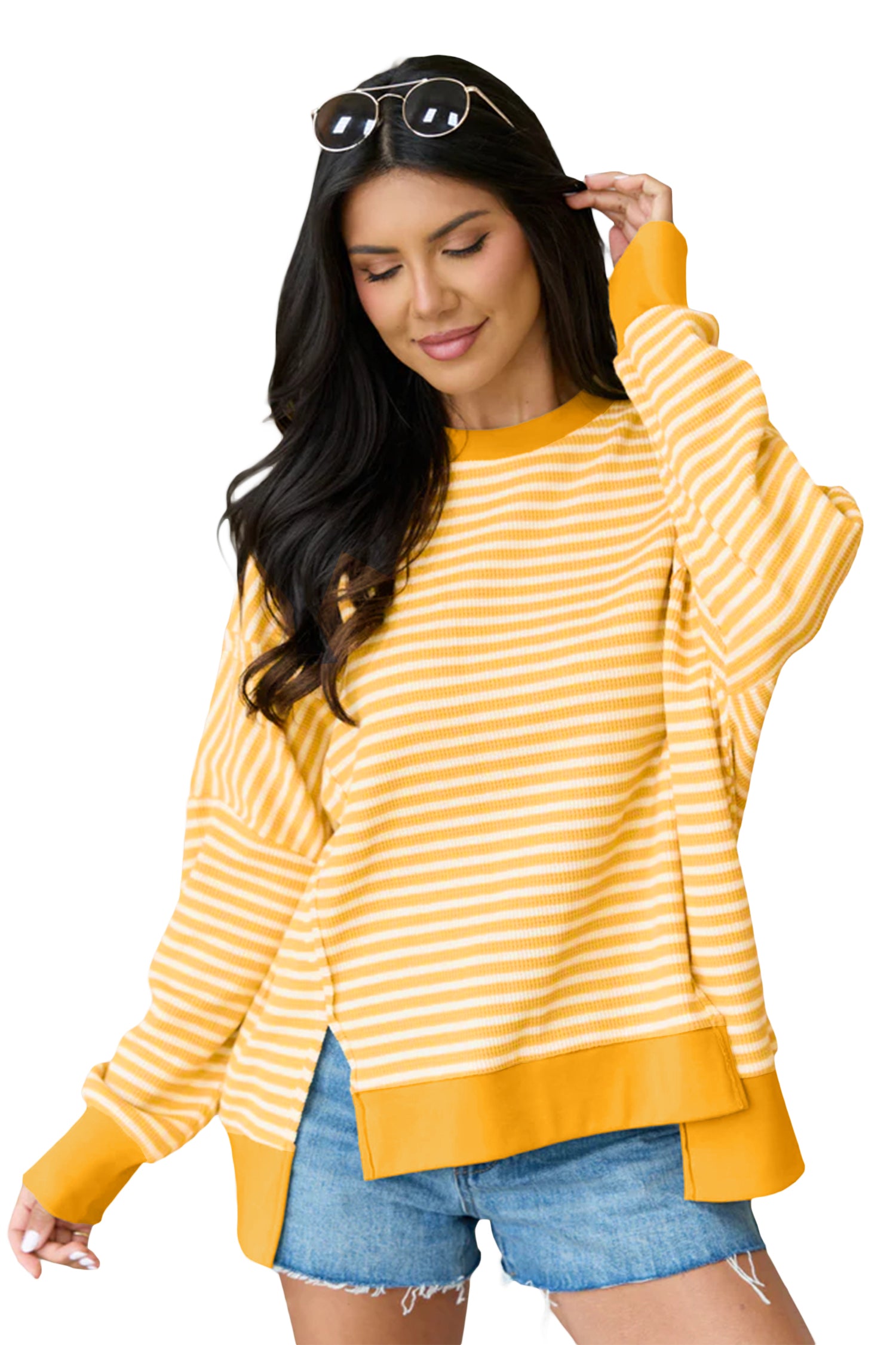 Khaki Stripe Textured Knit Color Block Trim Split Hem Long Sleeve Top