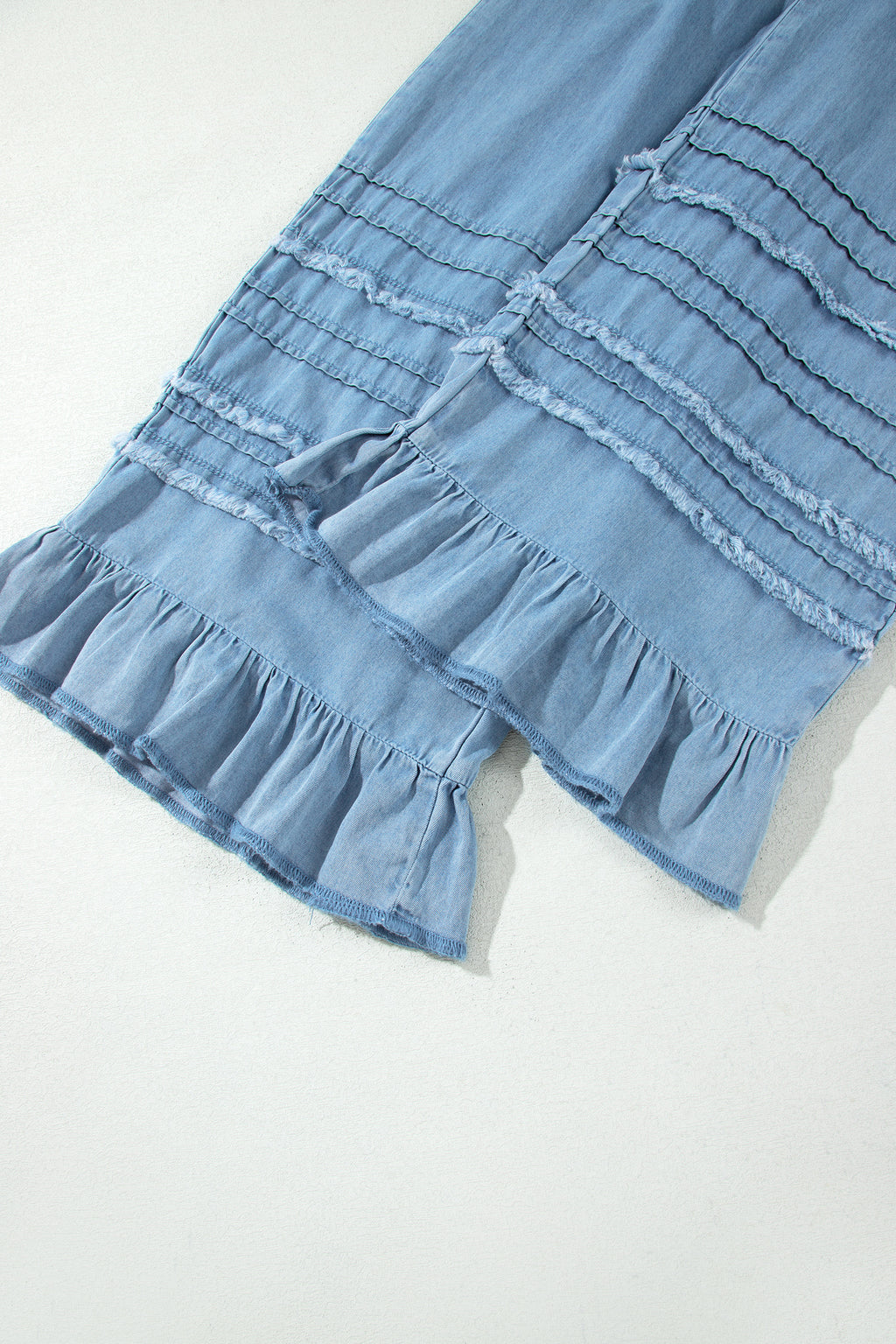 Dusk Blue Ruffled Hem Wide Leg Chambray Pants