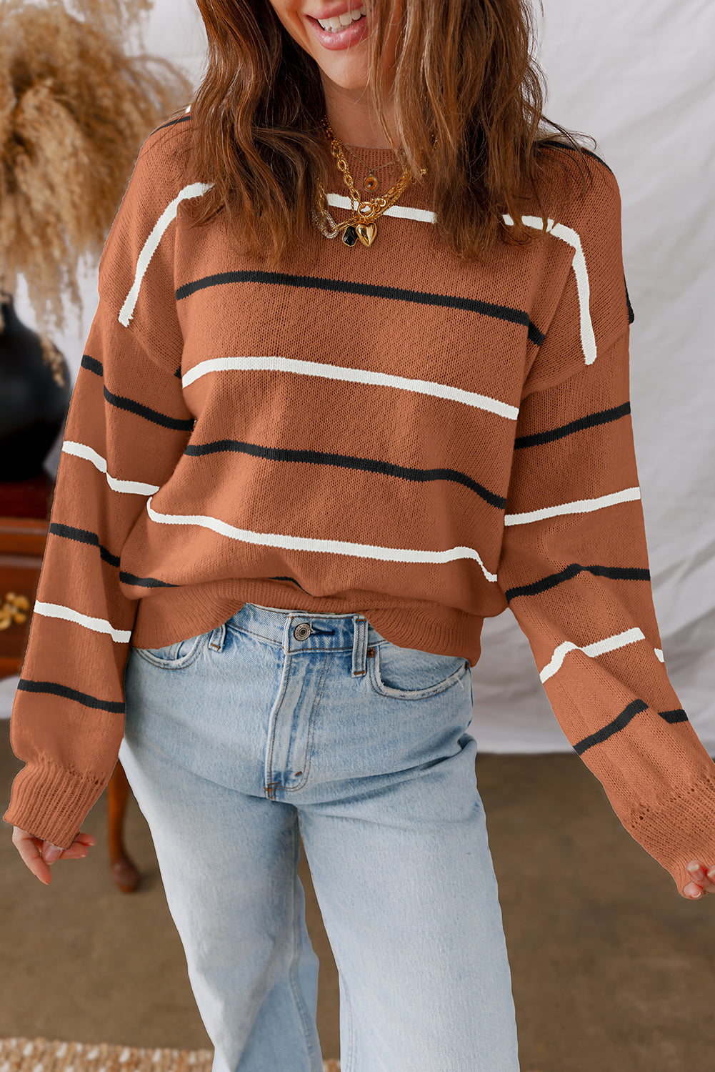 Brown Stripe Ribbed Edge Drop Shoulder Sweater
