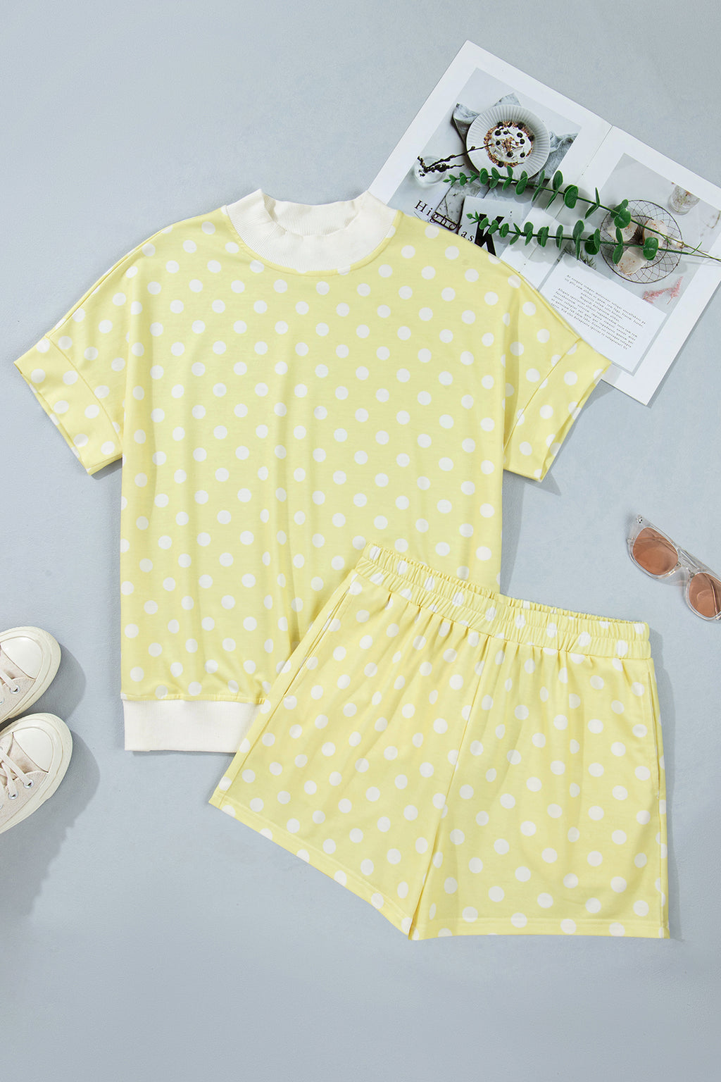 Yellow Polka Dot Print Color Block Trim Mock Neck Short Set