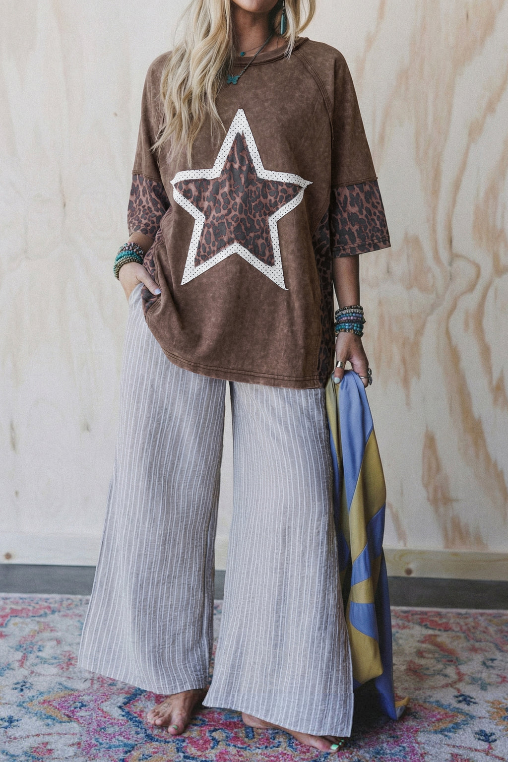 Coffee Mineral Wash Exposed Seam Leopard Star Patched T Shirt