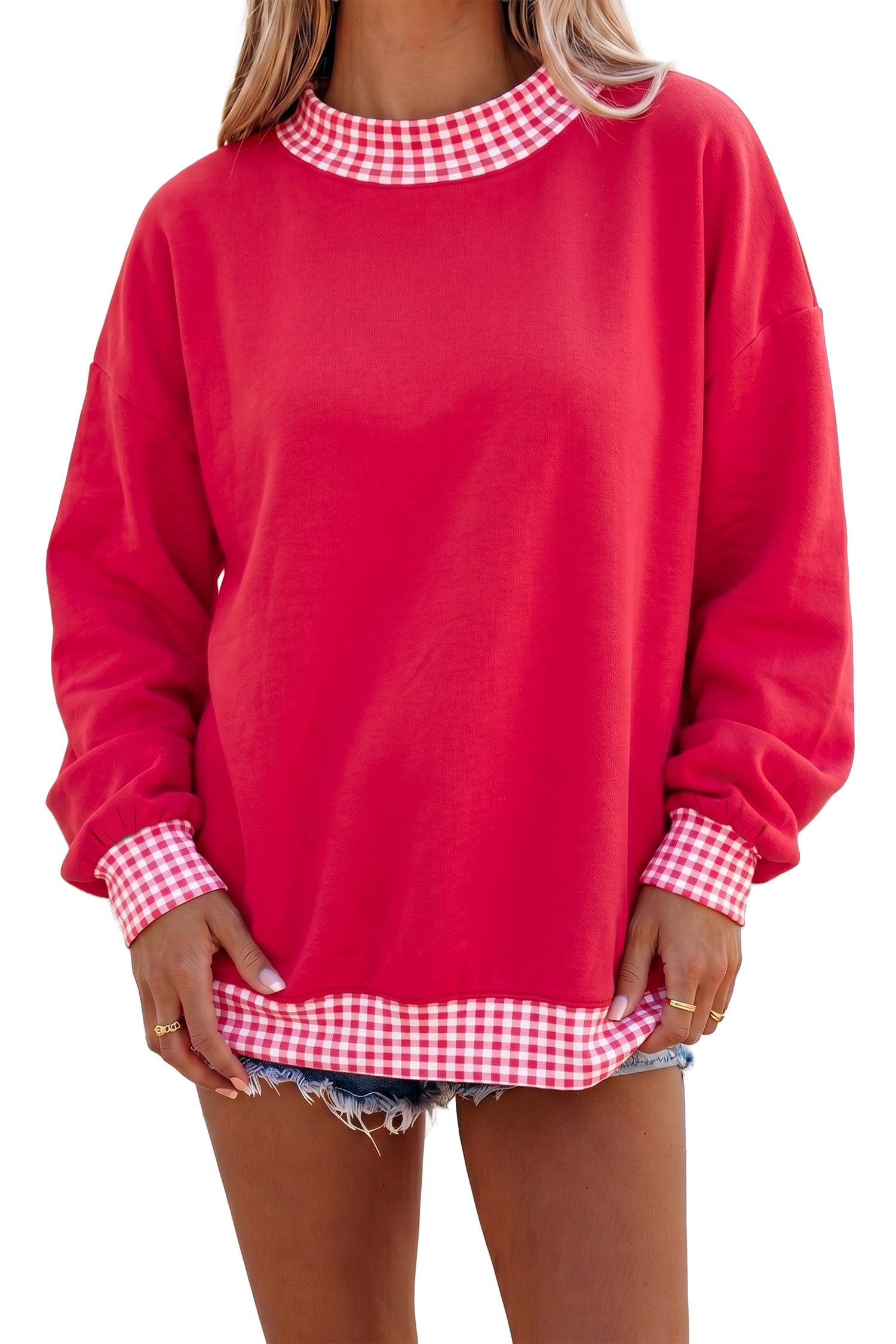 Fiery Red Colorblock Polka Dot Contrast Trim Oversized Sweatshirt
