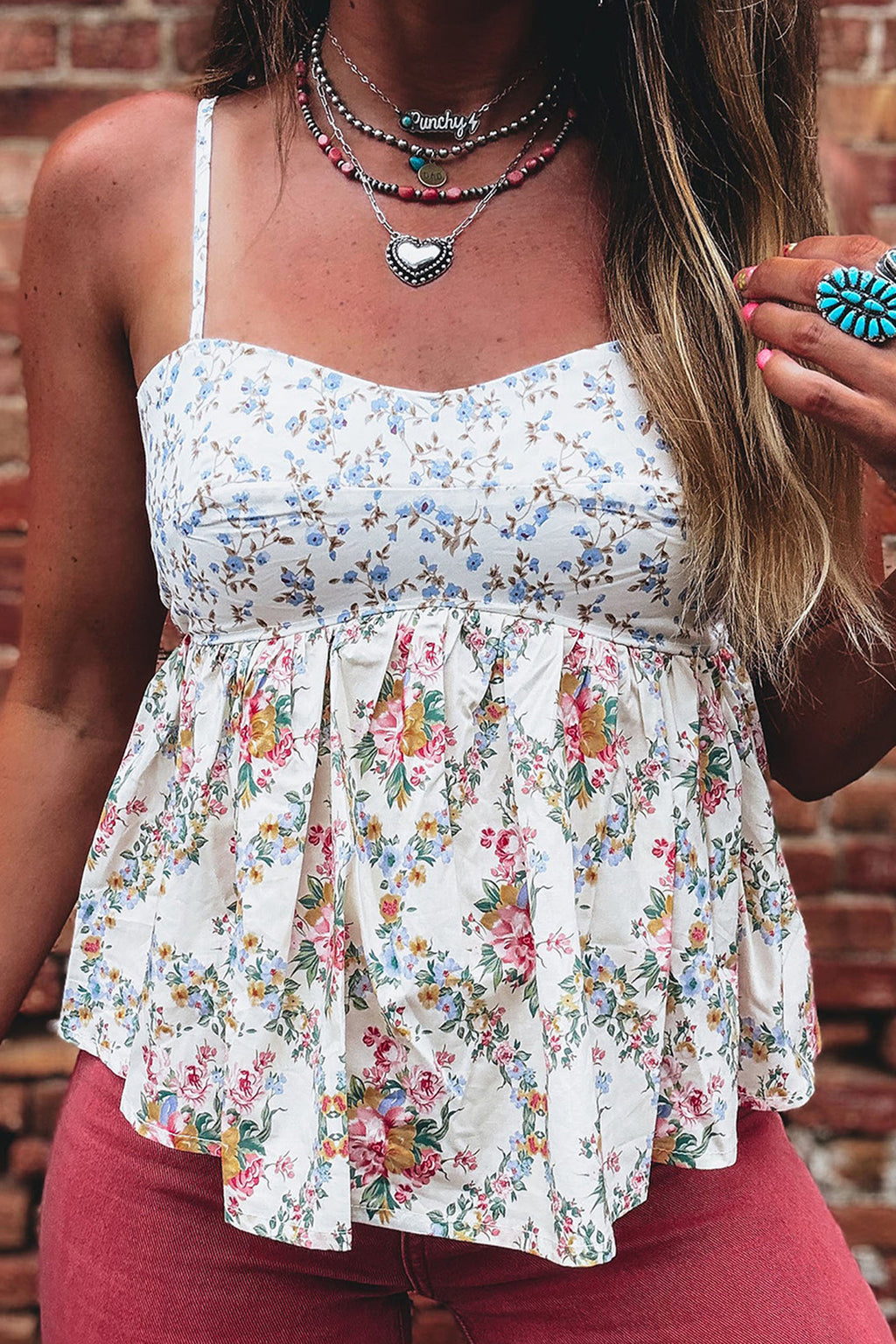 White Contrast Floral Printed Spaghetti Straps Babydoll Top