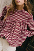 Coral Country Plaid Long Sleeve Button Keyhole Pleated Loose Blouse