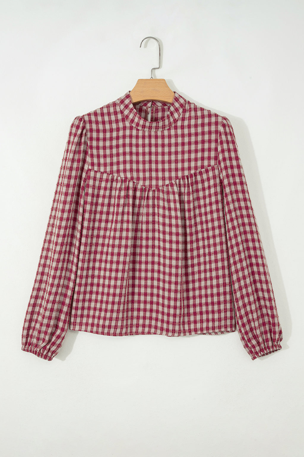 Coral Country Plaid Long Sleeve Button Keyhole Pleated Loose Blouse