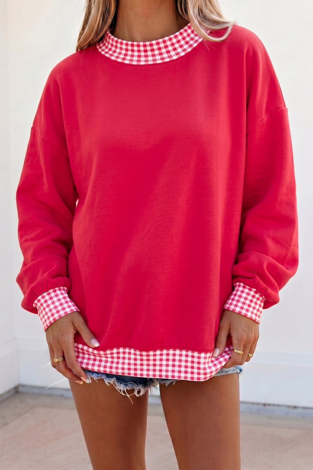 Fiery Red Colorblock Polka Dot Contrast Trim Oversized Sweatshirt