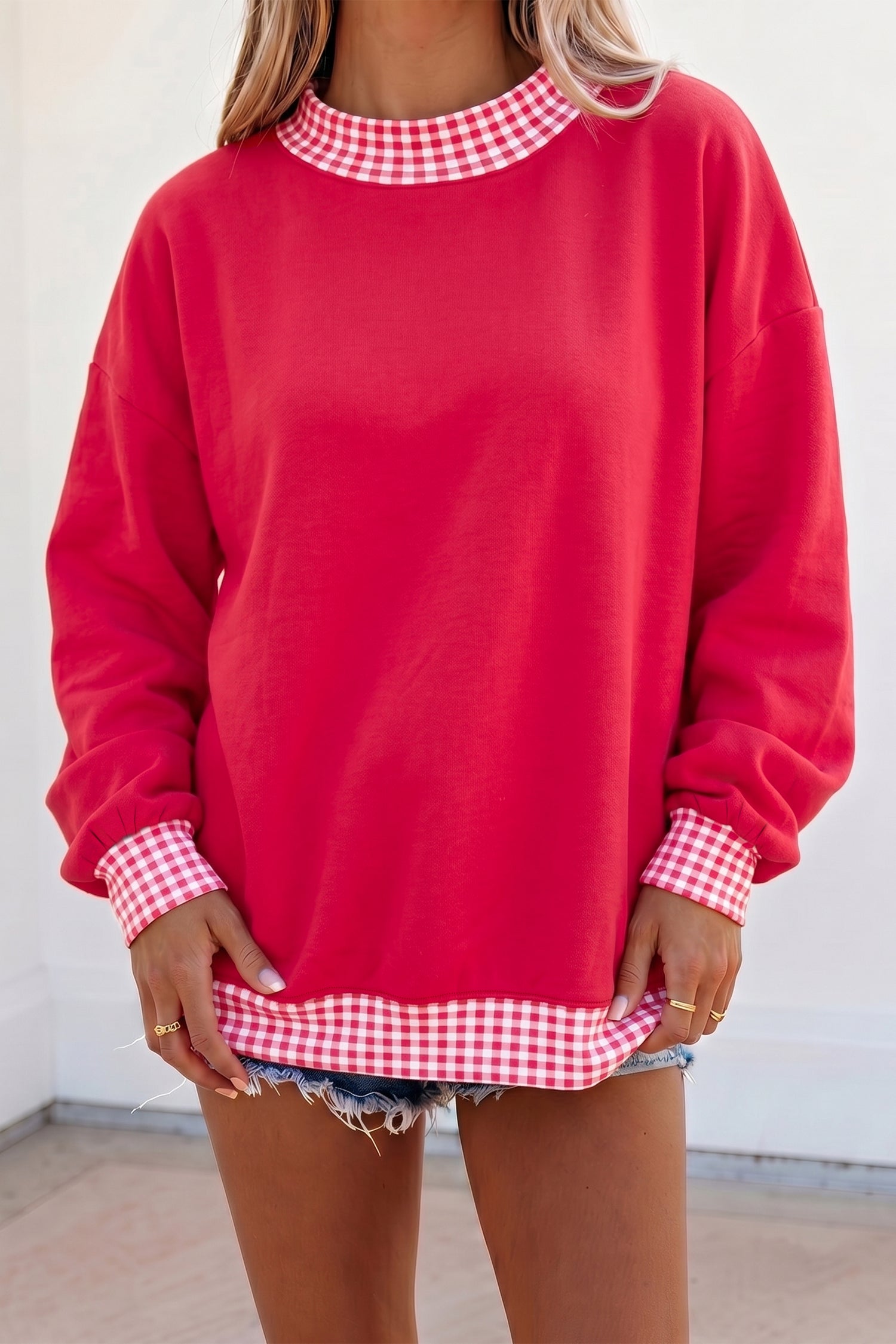 Fiery Red Colorblock Polka Dot Contrast Trim Oversized Sweatshirt